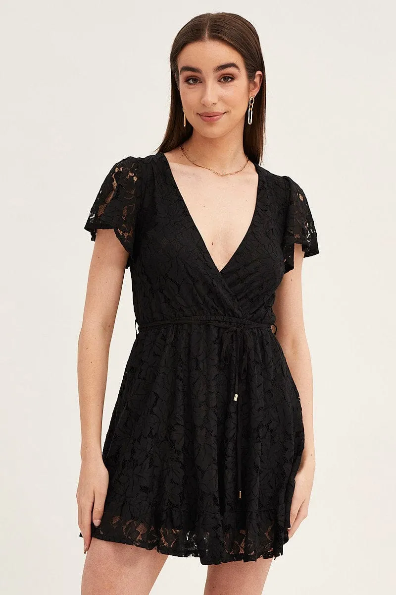 Black Short Sleeve Lace Wrap Front Skater Dress