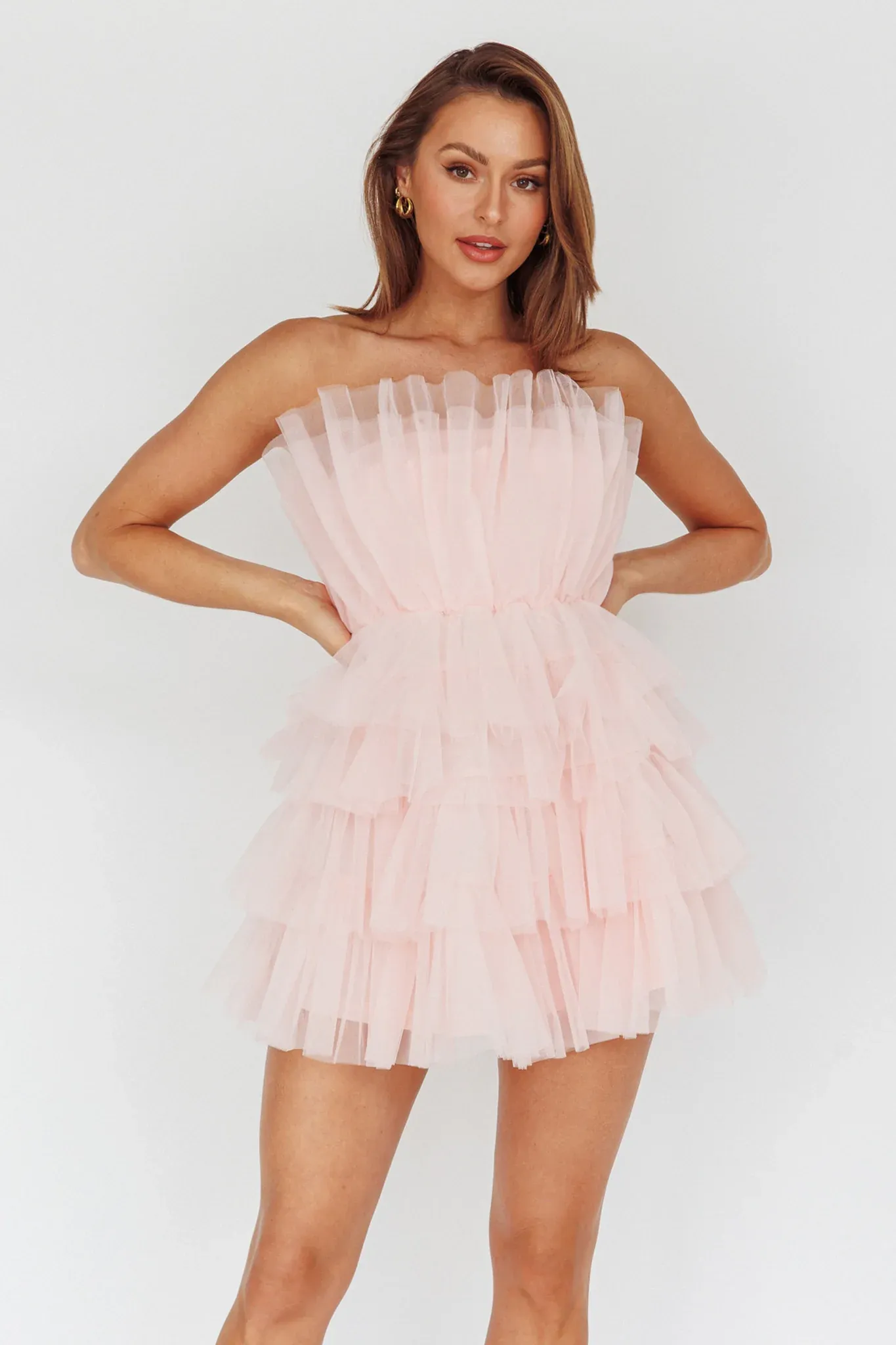 Bon Bon Tiered Mesh Mini Dress Blush
