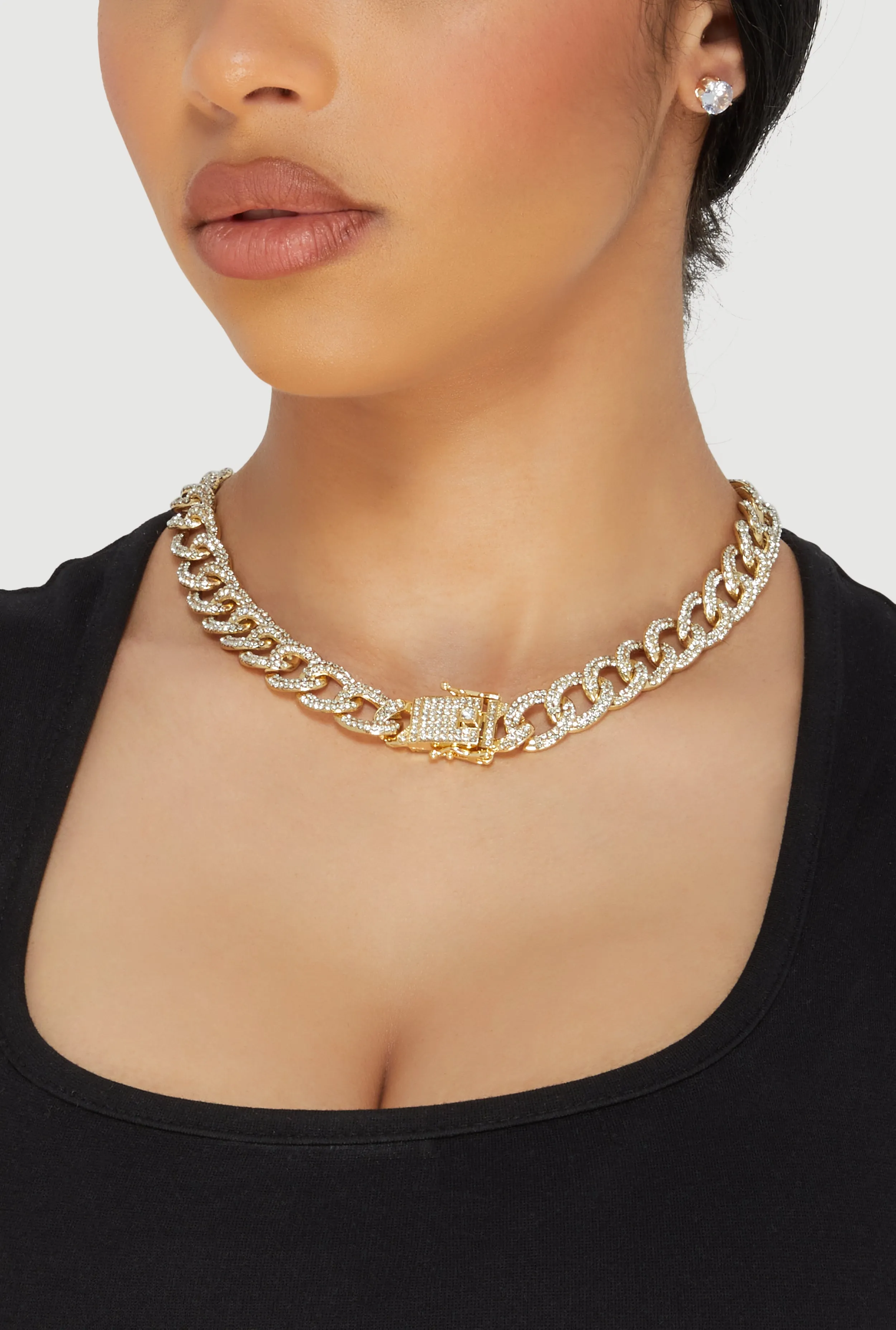 Box Clasp Chain Link Necklace and Stud Earrings