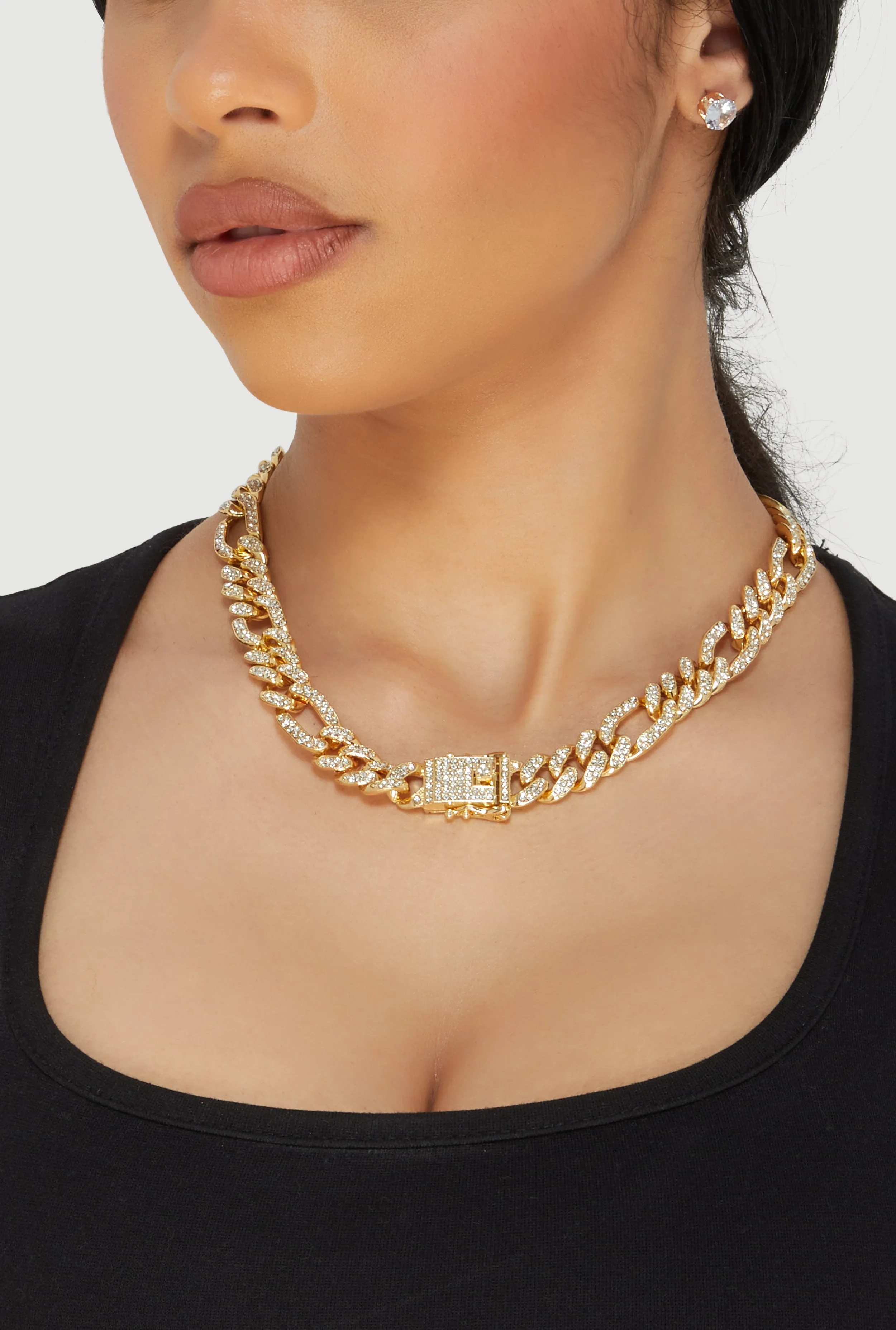 Box Clasp Chain Link Necklace with Stud Earrings