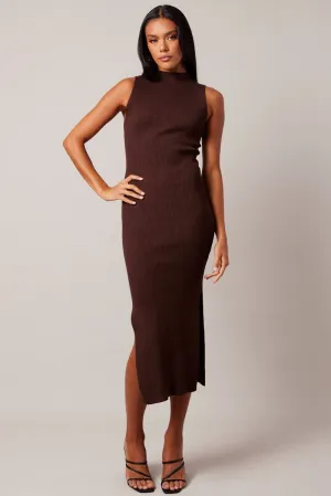 Brown Knit Dress High Neck Midi