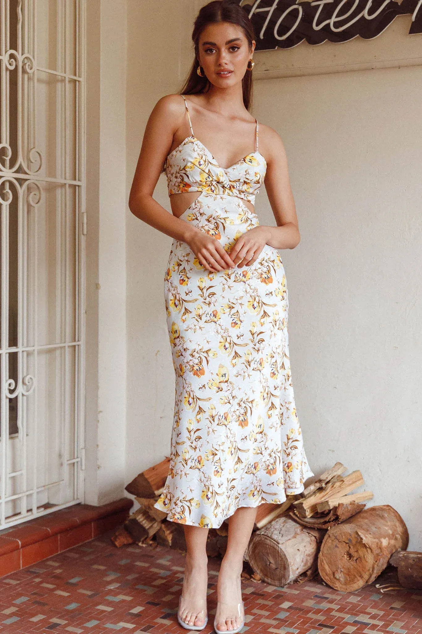 Cariba Cut-Out Waist Midi Dress Floral Yellow