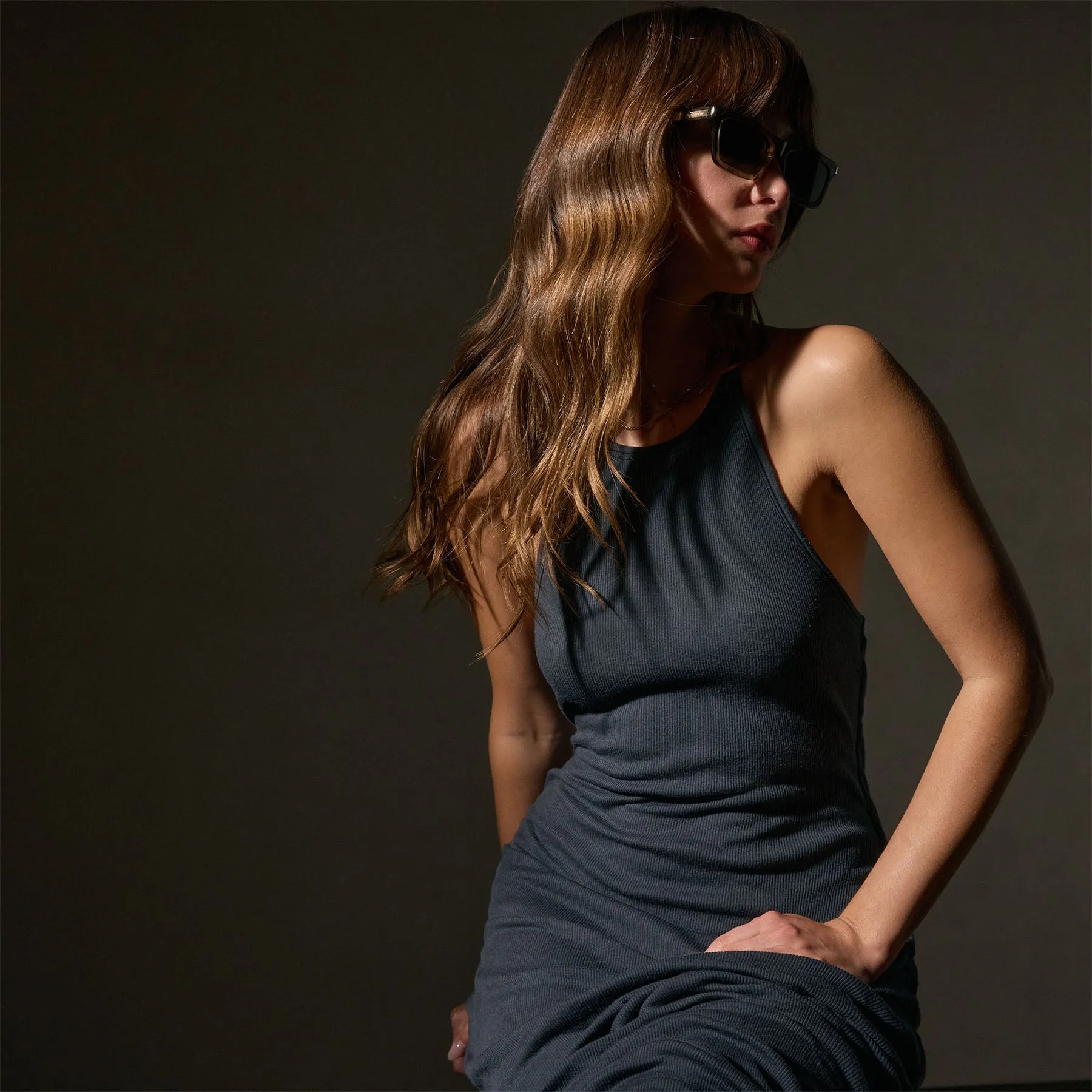 Cotton Cashmere Ribbed Racer Back Tank Dress - Asphalt