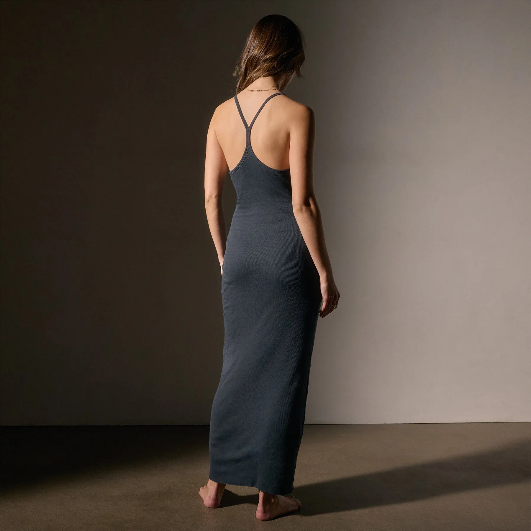 Cotton Cashmere Ribbed Racer Back Tank Dress - Asphalt