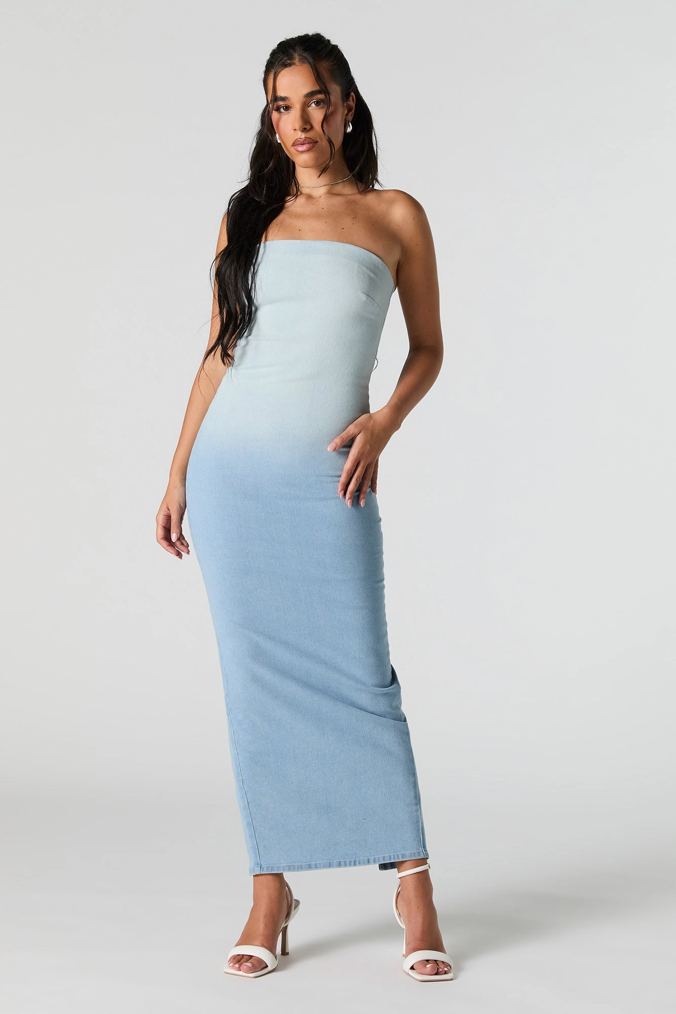 Denim Ombre Strapless Maxi Dress