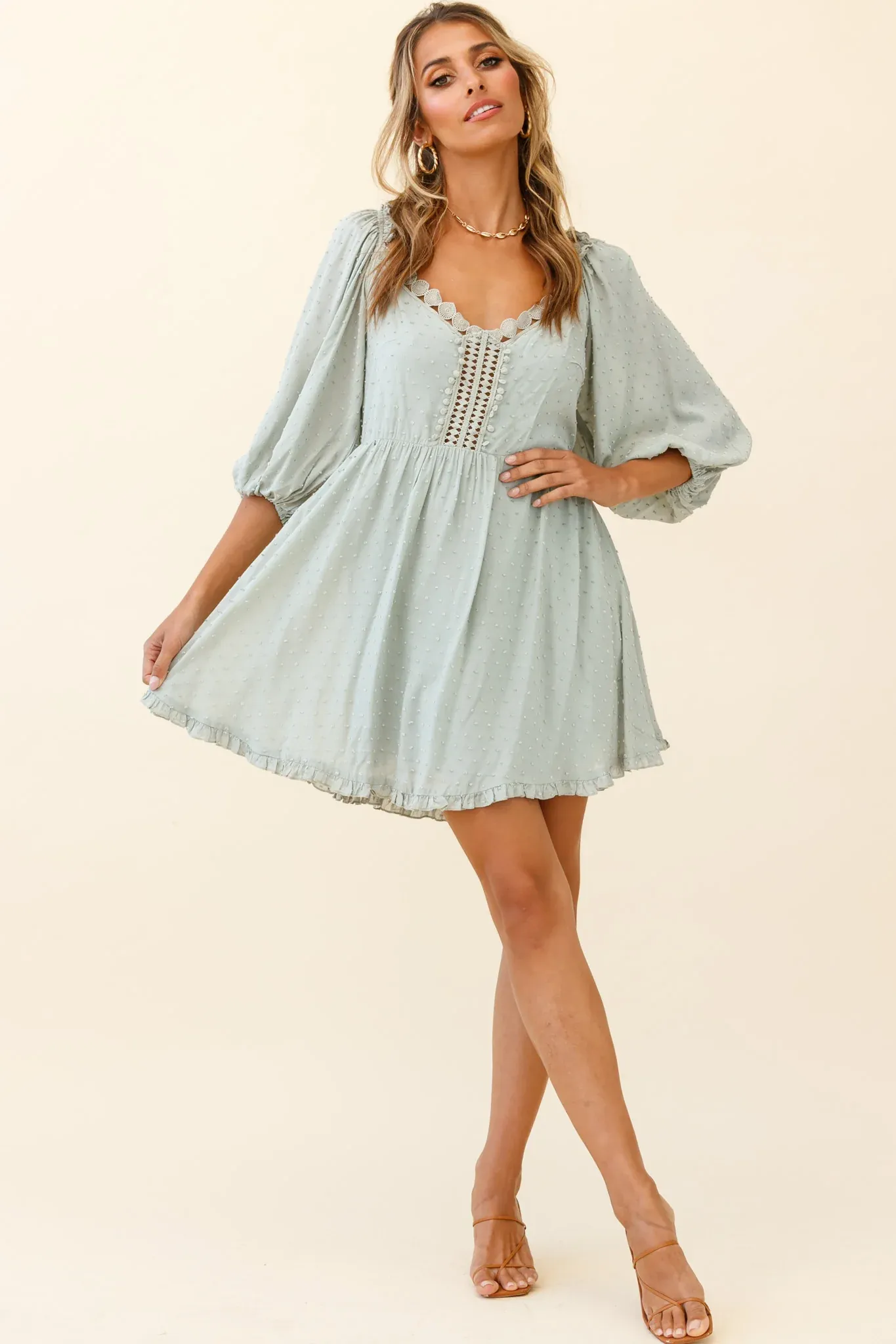 Dream Lover Puff Sleeve Crochet Insert Dress Olive