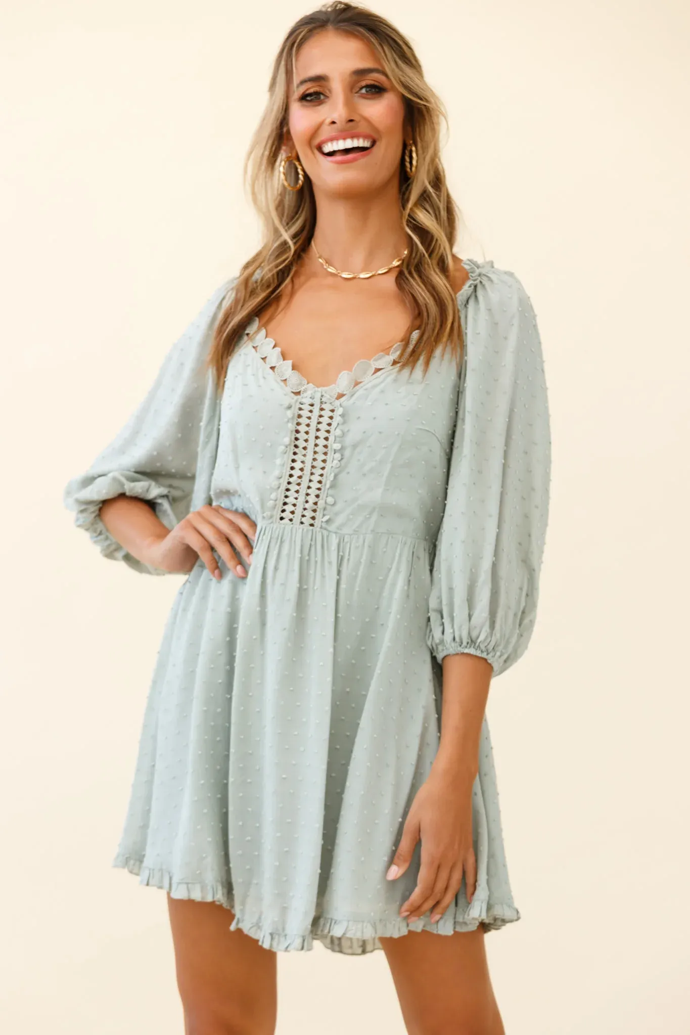 Dream Lover Puff Sleeve Crochet Insert Dress Olive
