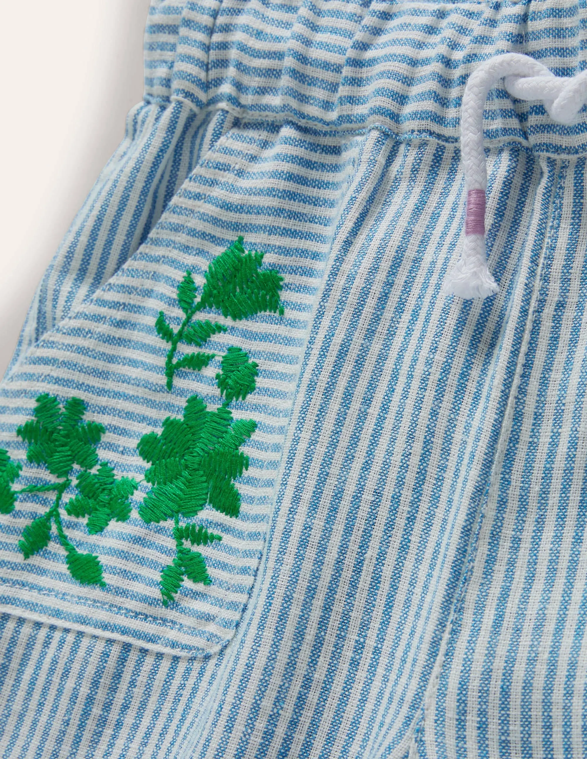 Embroidered Holiday Trousers-Ivory/Coastal Blue Ticking
