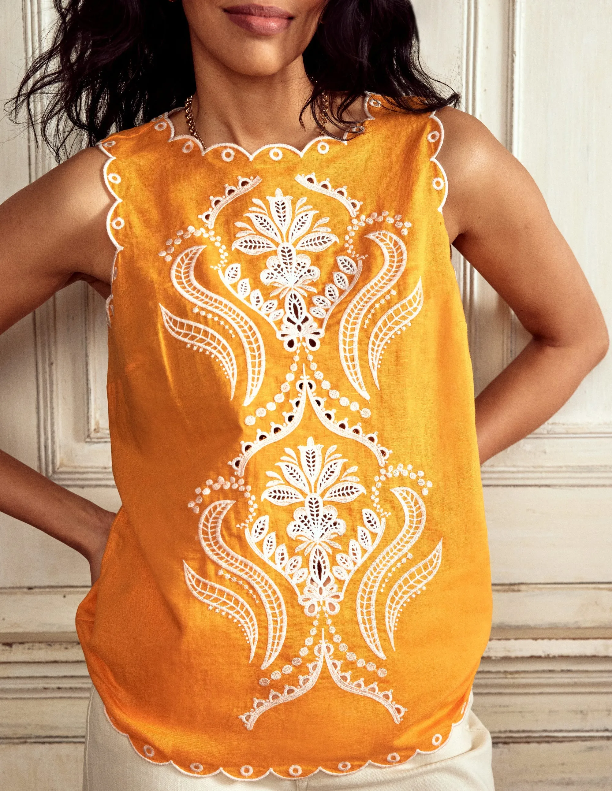 Embroidered Linen Blend Top-Summers Sun Yellow