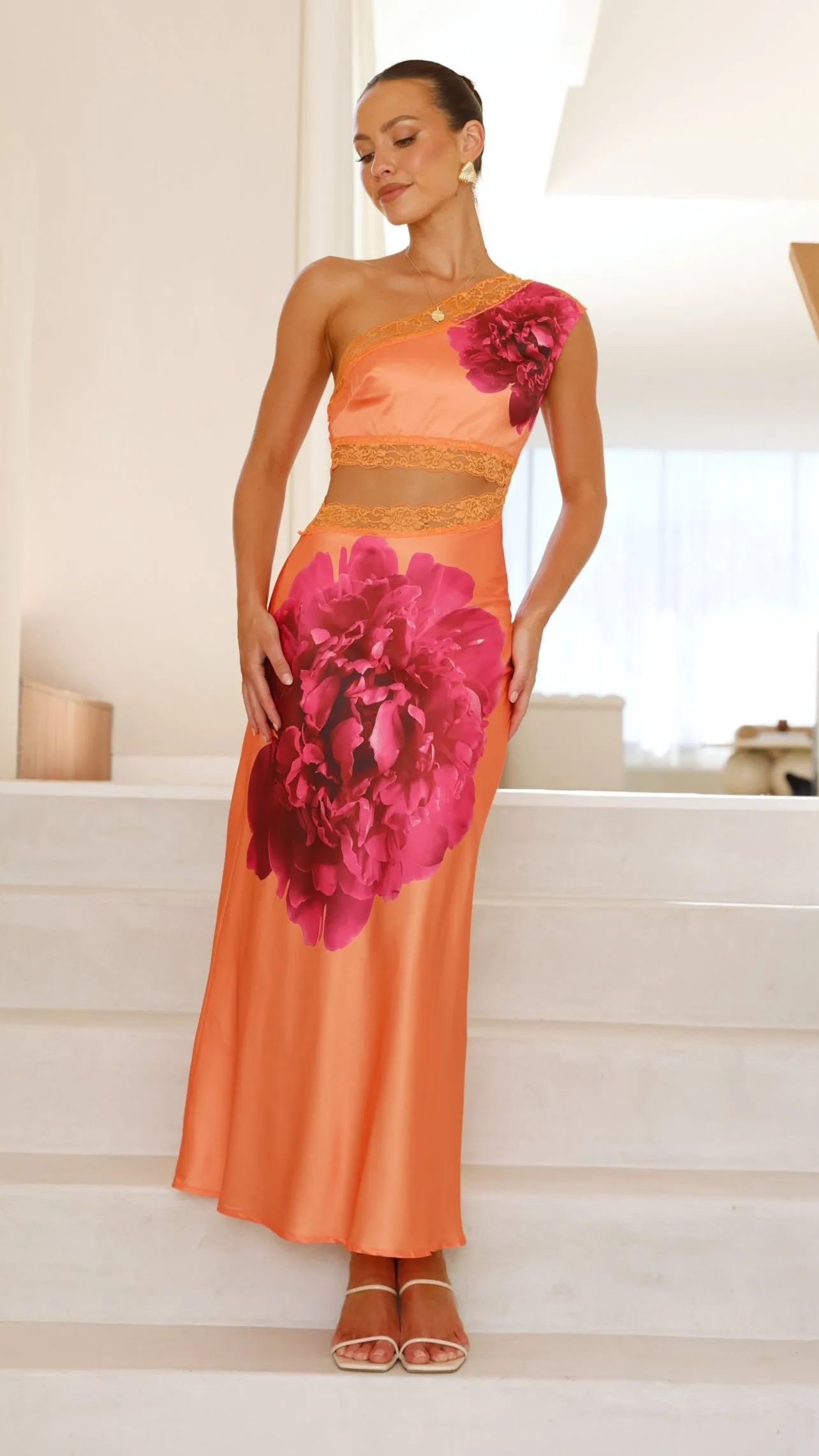 Emily One Shoulder Maxi Dress - Orange / Pink