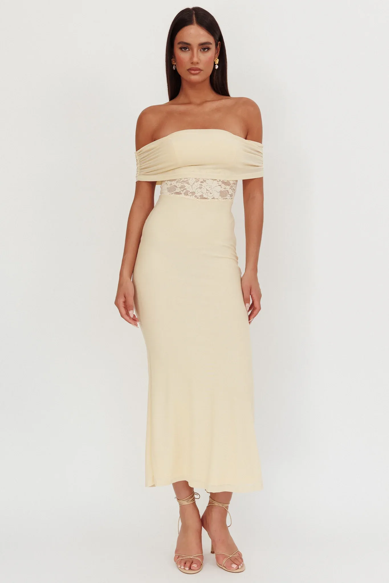 Flutters Off-Shoulder Lace Insert Maxi Dress Cream