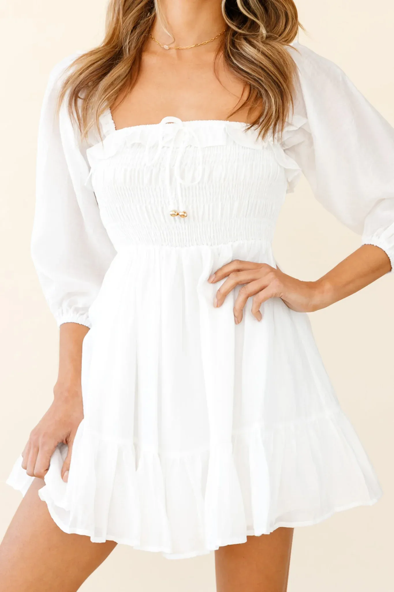 Flynn Balloon Sleeve Shirred Bust Mini Dress White