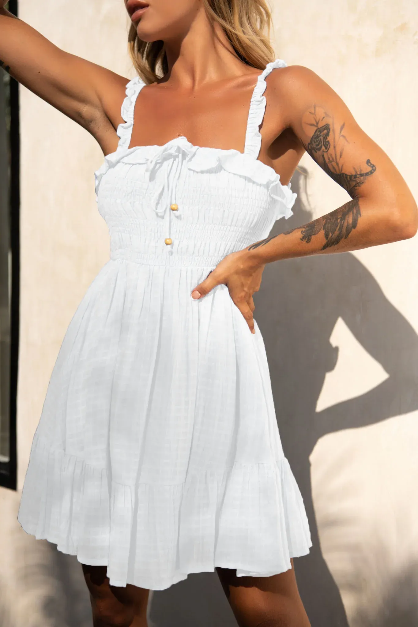 Flynn Frill Strap Shirred Bust Dress White