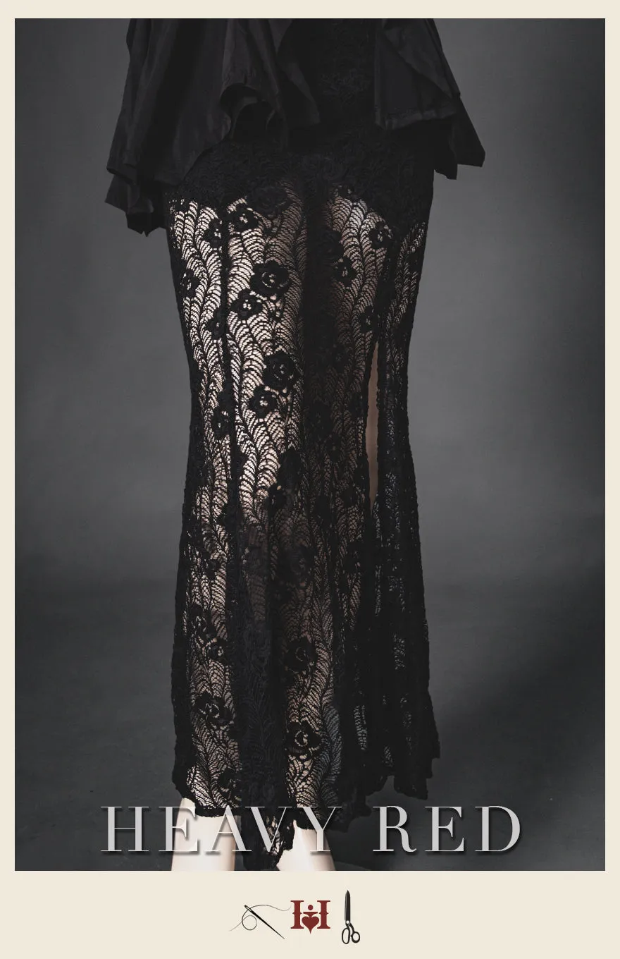 French Floral Lace Slit Skirt