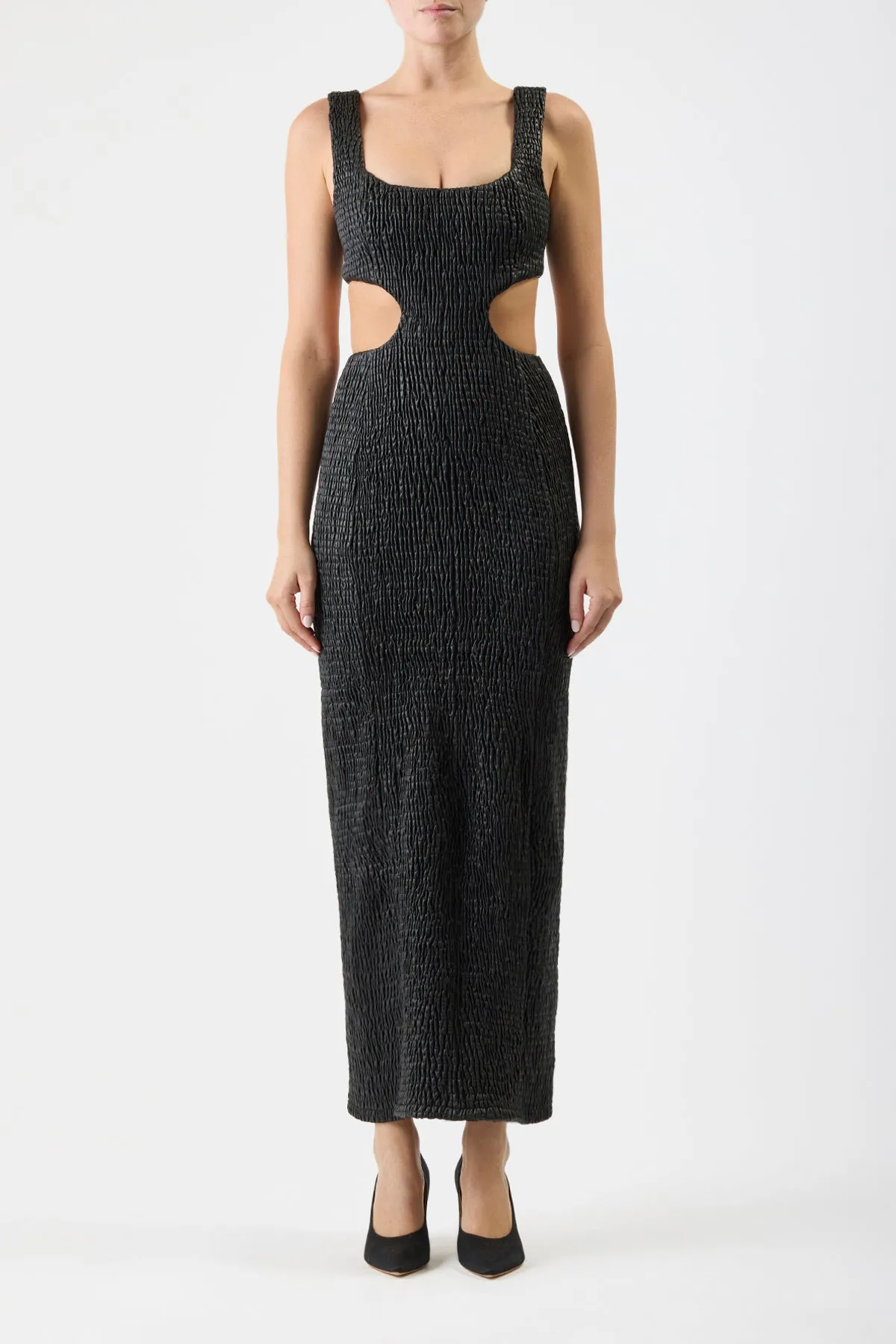 Gal Shirred Maxi Dress with Lining in Black Nappa Leather