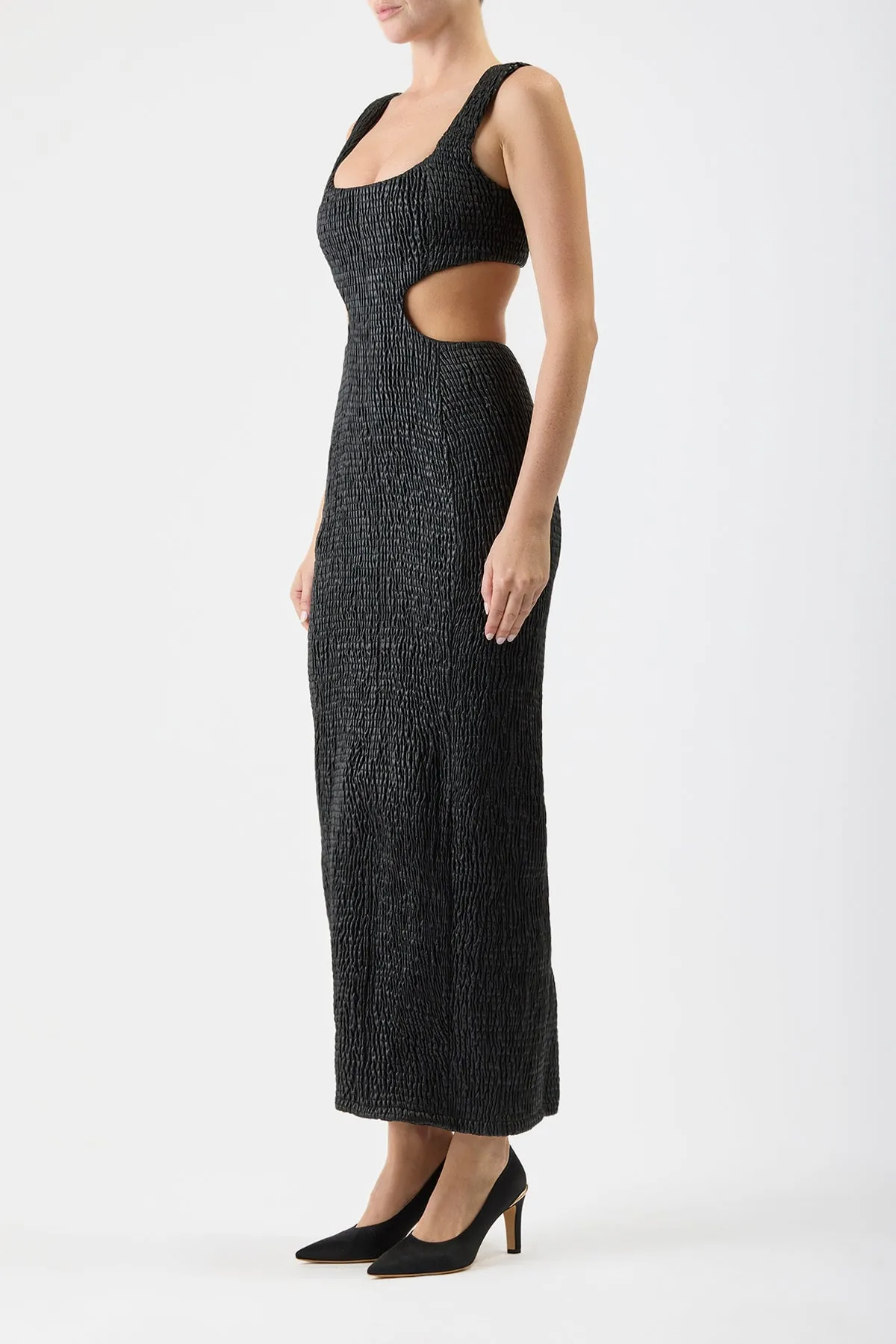 Gal Shirred Maxi Dress with Lining in Black Nappa Leather