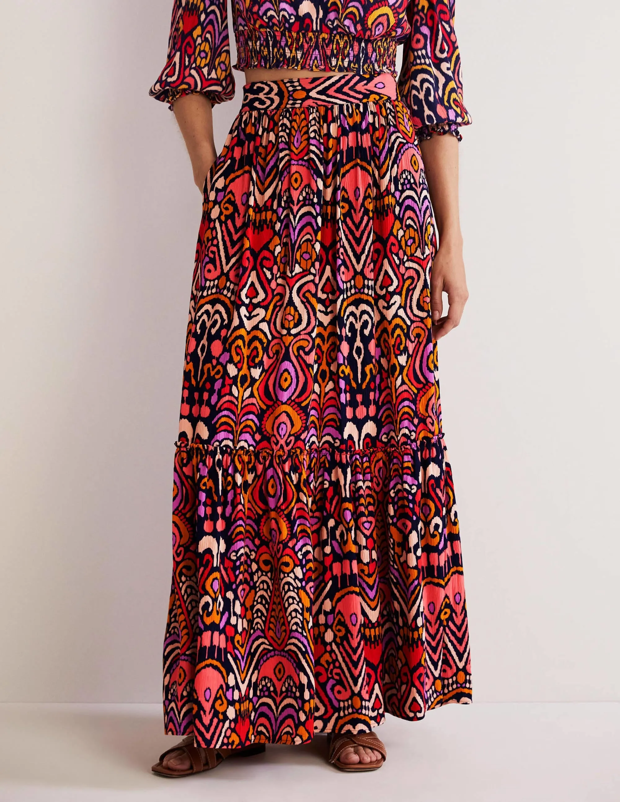 Grace Crinkle Maxi Skirt-French Navy. Ikat Charm
