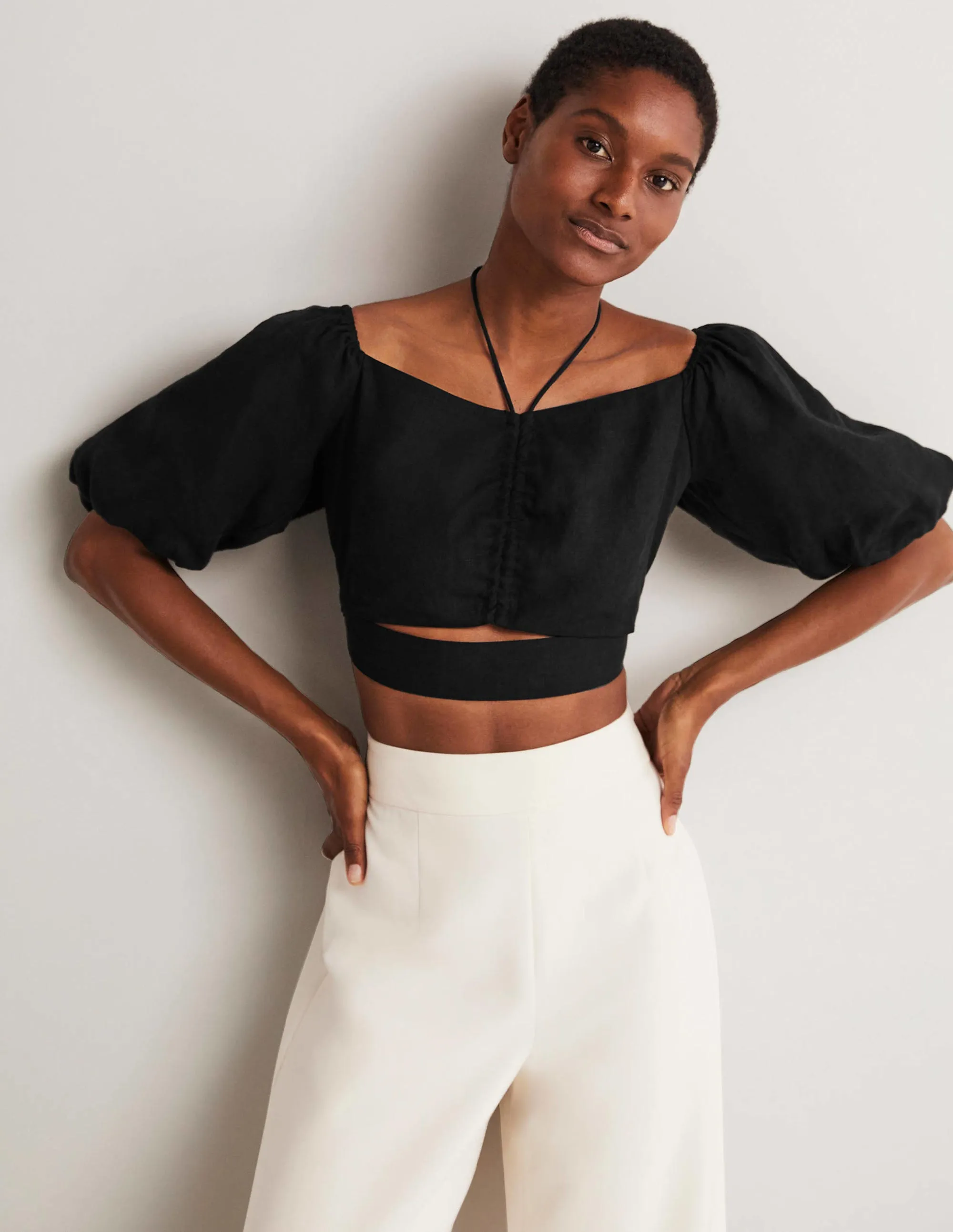 Halterneck Cut Out Crop Top-Black