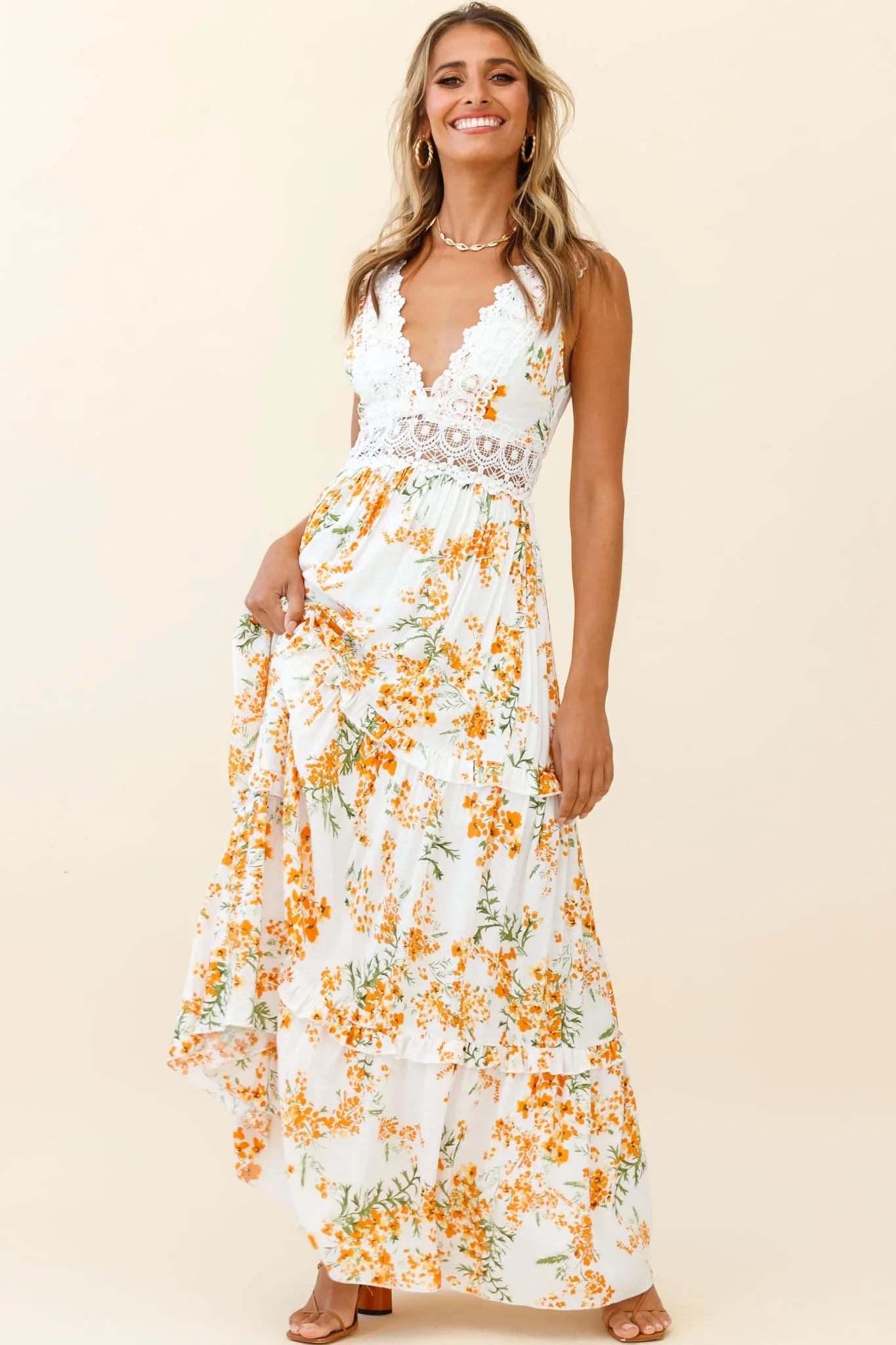 Indio Crochet Insert Deep V-Neckline Maxi Dress Floral Print White/Orange