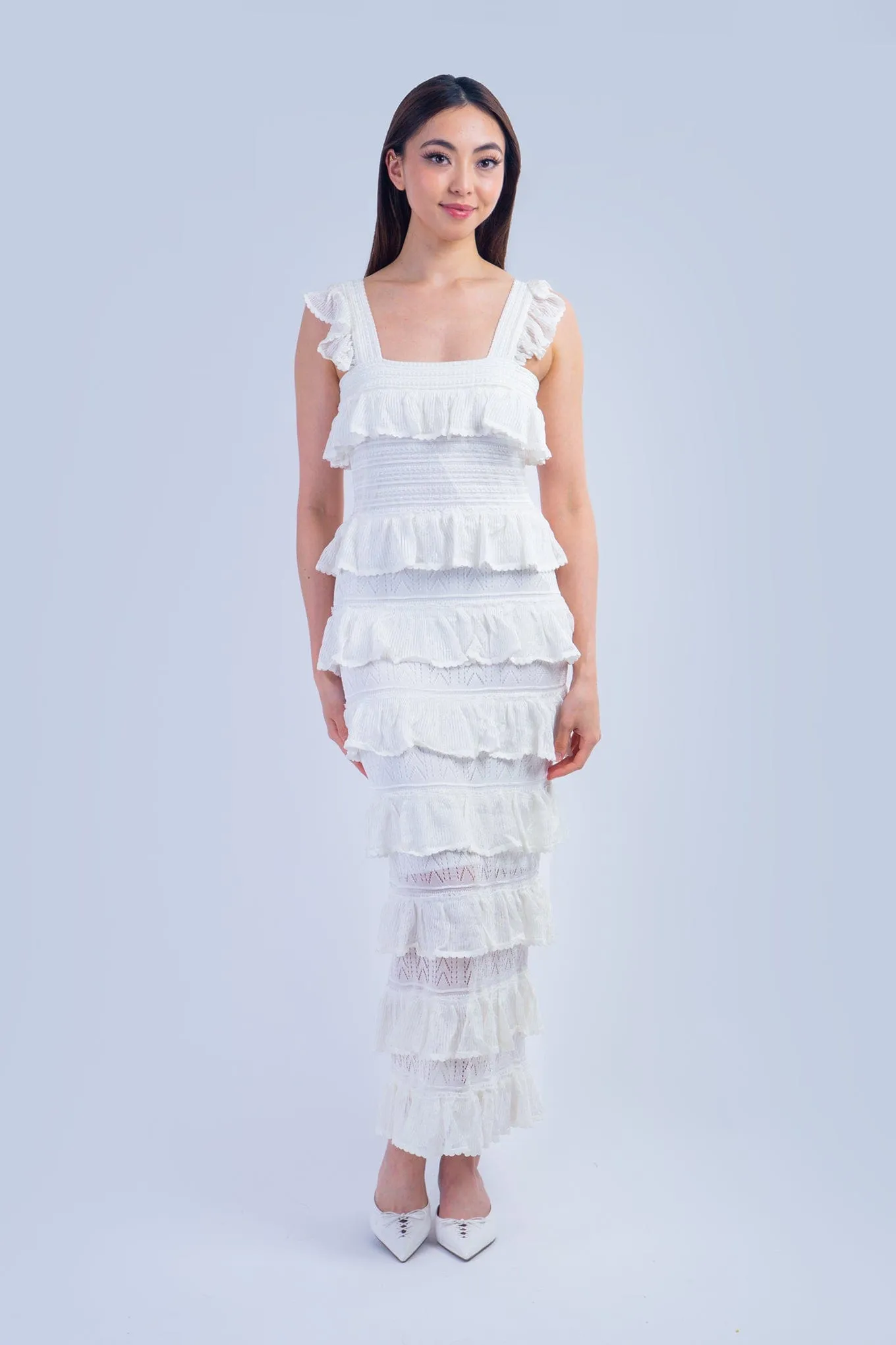Ivory Square Neck Ruffle Tiered Knit Midi Dress