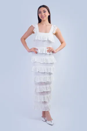 Ivory Square Neck Ruffle Tiered Knit Midi Dress