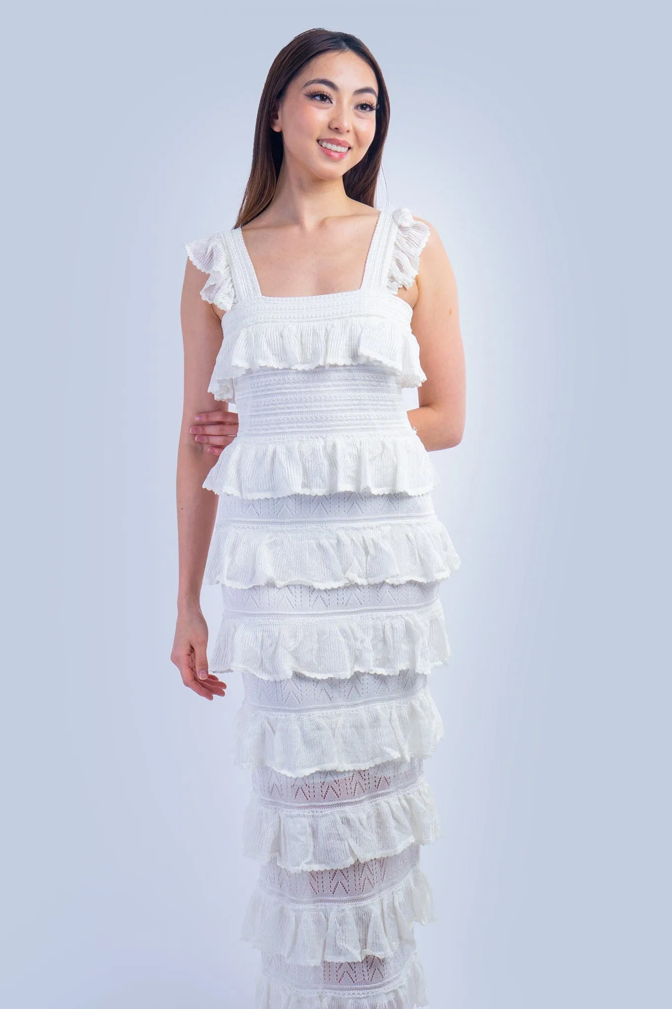 Ivory Square Neck Ruffle Tiered Knit Midi Dress
