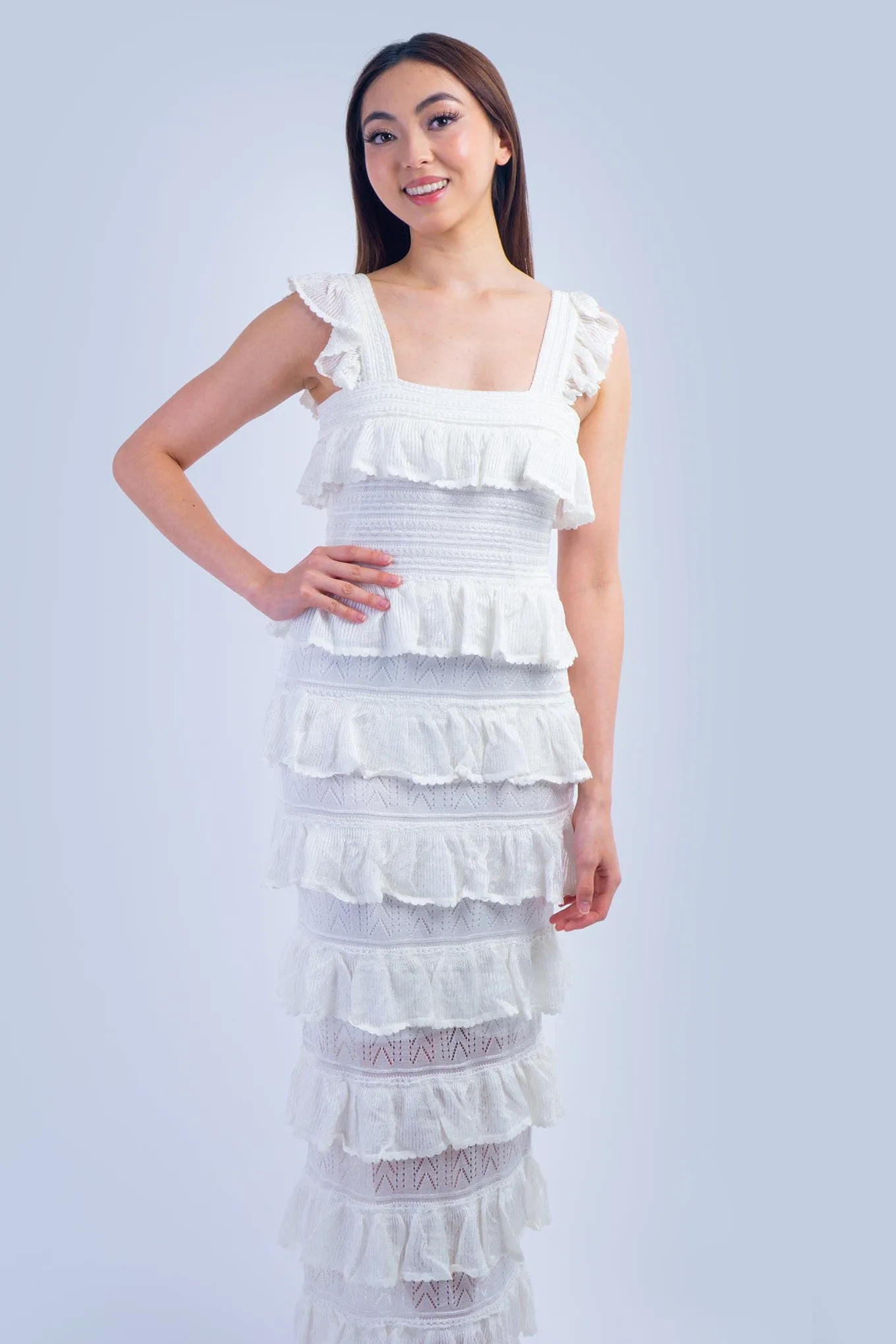 Ivory Square Neck Ruffle Tiered Knit Midi Dress