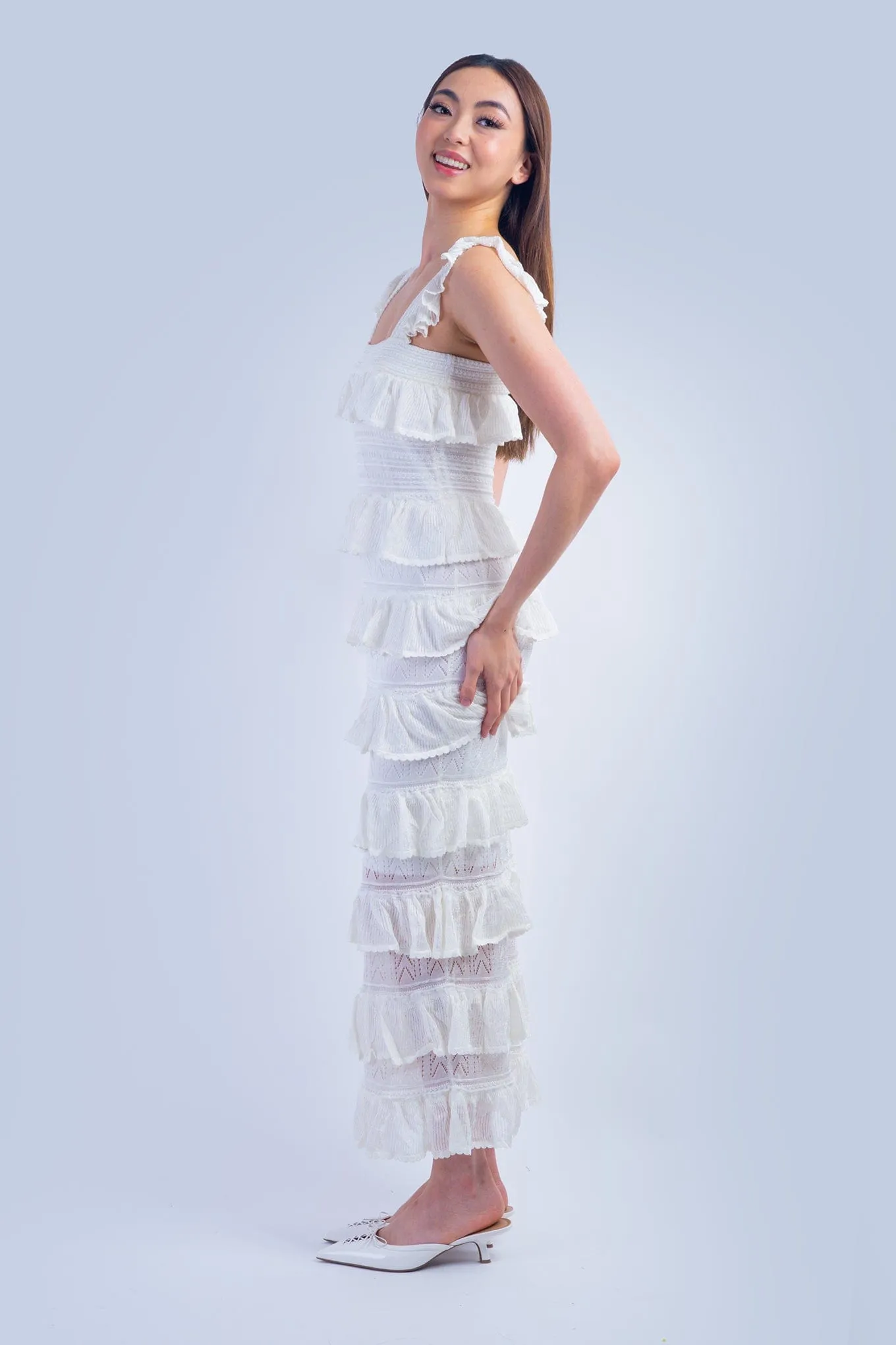 Ivory Square Neck Ruffle Tiered Knit Midi Dress