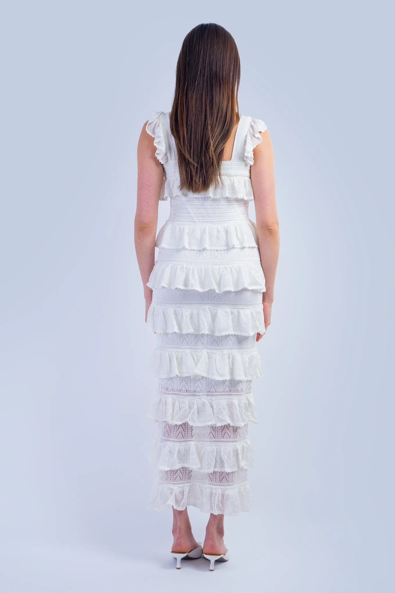 Ivory Square Neck Ruffle Tiered Knit Midi Dress