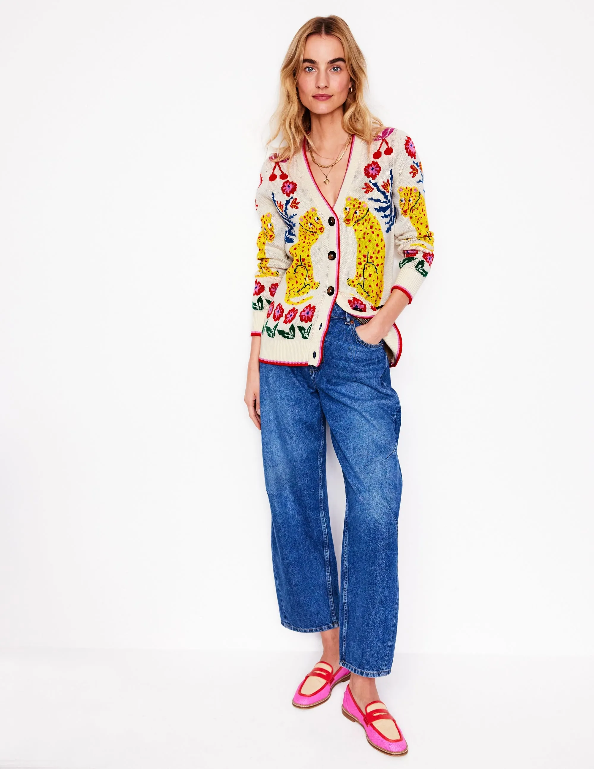 Jacquard Boyfriend Cardigan-Warm Ivory. Leopard