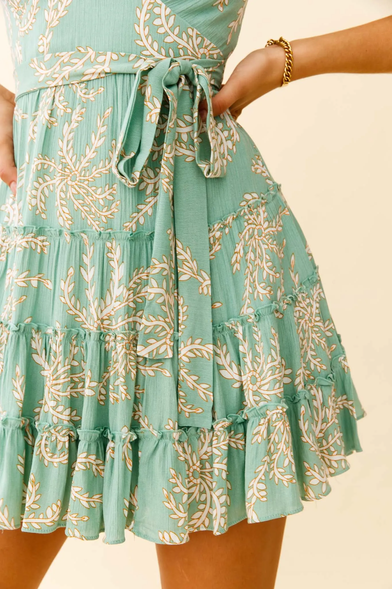 Jocelyn Cami Strap Waist Tie Ruffle Dress Leaf Print Green