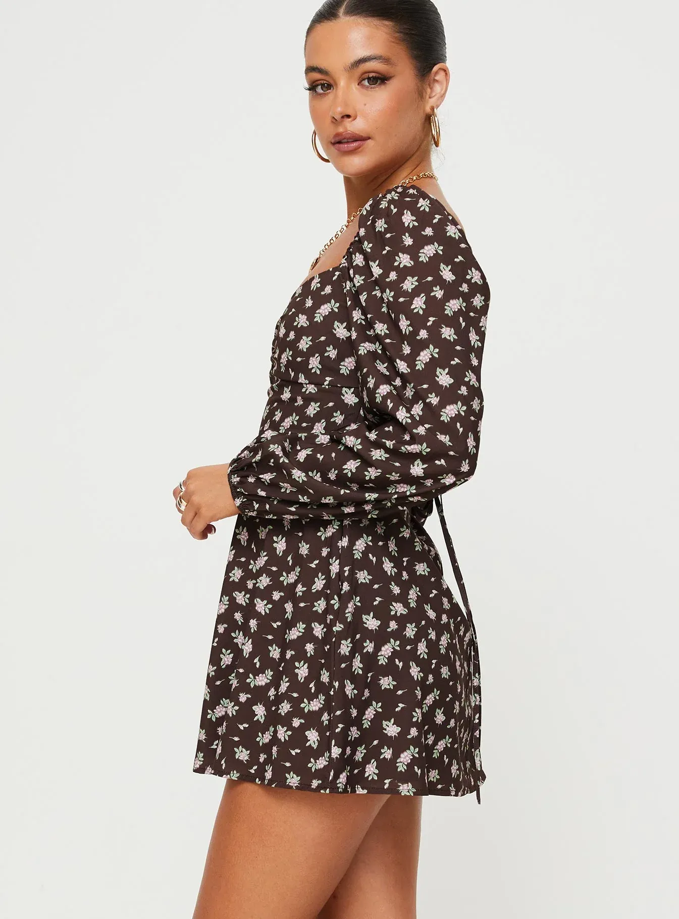 Landon Long Sleeve Mini Dress Brown Floral