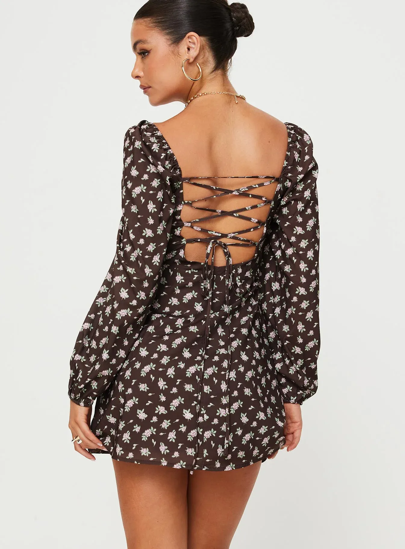 Landon Long Sleeve Mini Dress Brown Floral