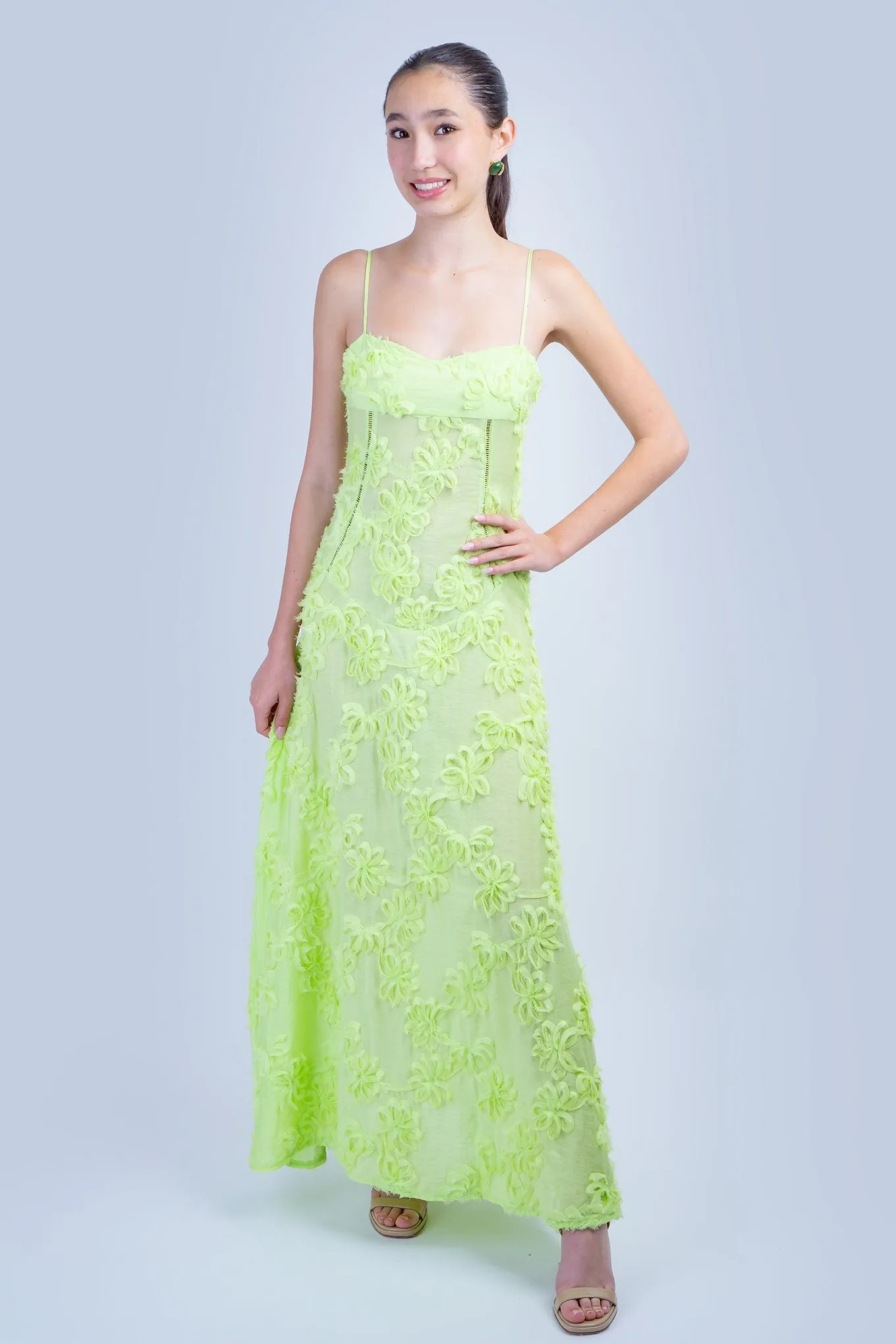 Lime Green 3D Floral Maxi Dress