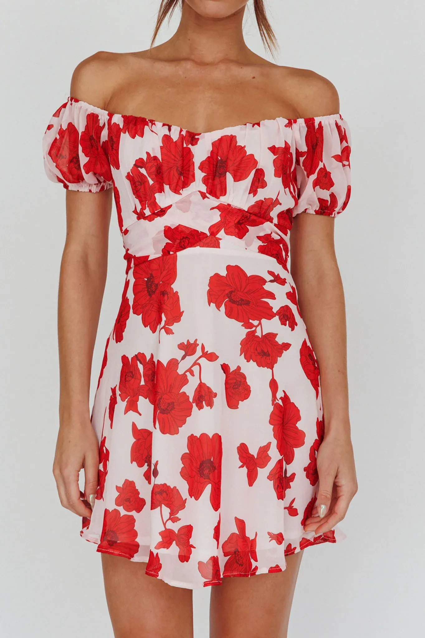 Linka Puff Sleeve Waist Tie Dress Floral Red