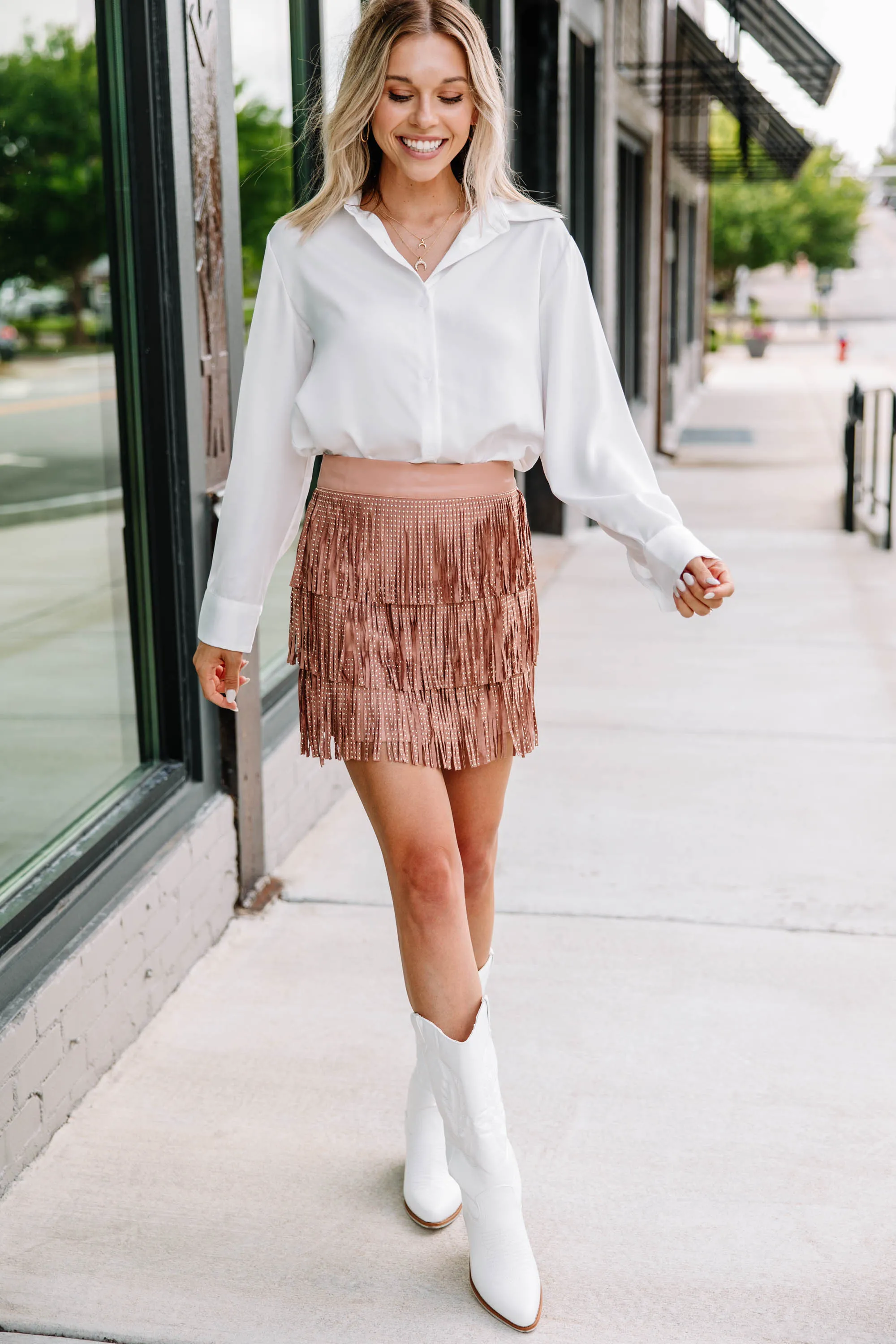 Living The Dream Light Camel Brown Fringe Skirt