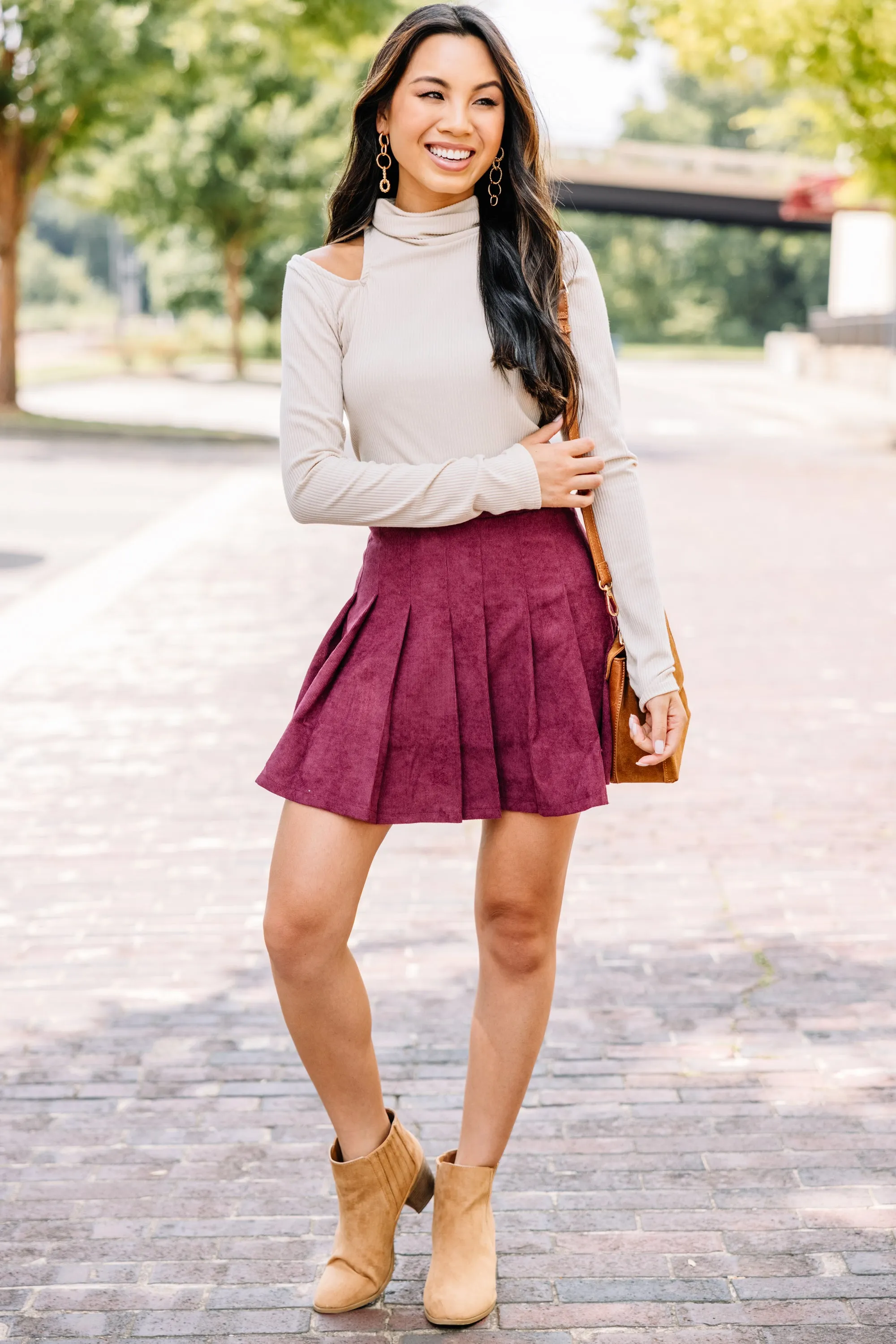 Look This Way Wine Red Pleated Skort