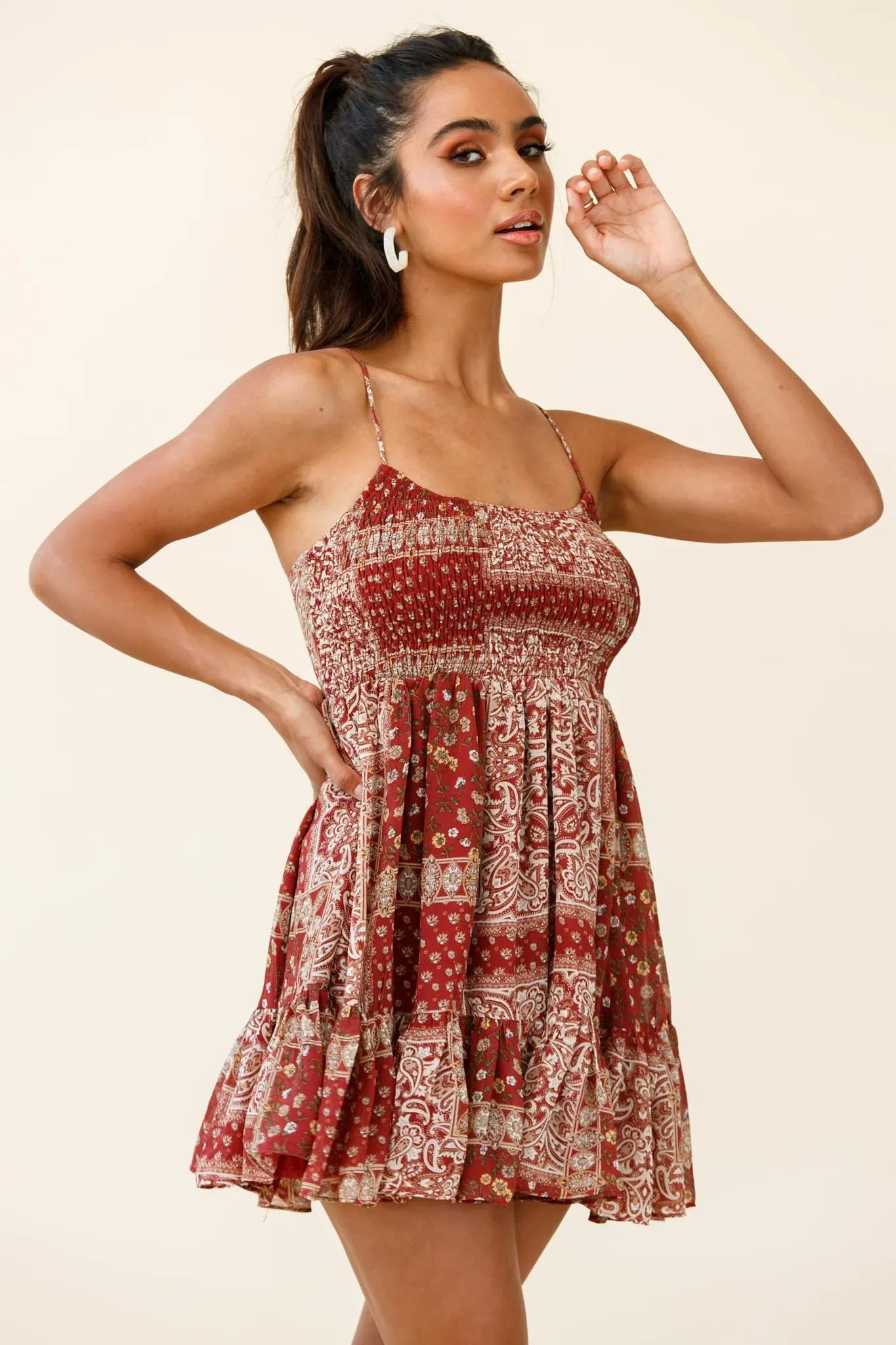 Marja Cami Strap Shirred Baby Doll Dress Paisley Print Burgundy