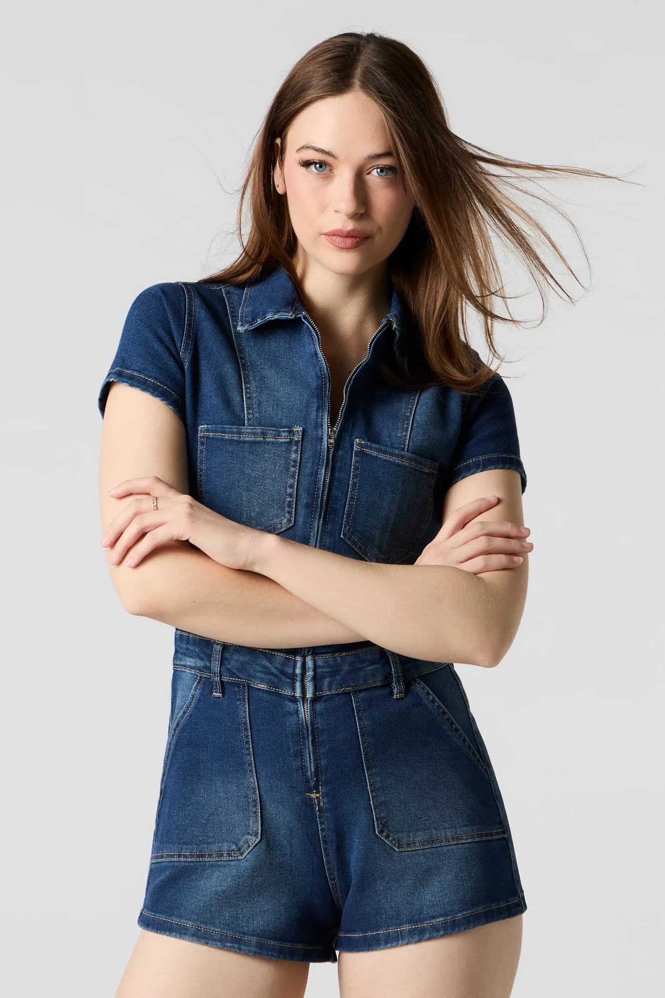 Minicombi-short en denim avec fermeture à glissière