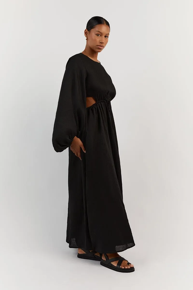 MOLLY BLACK LINEN MIDI DRESS