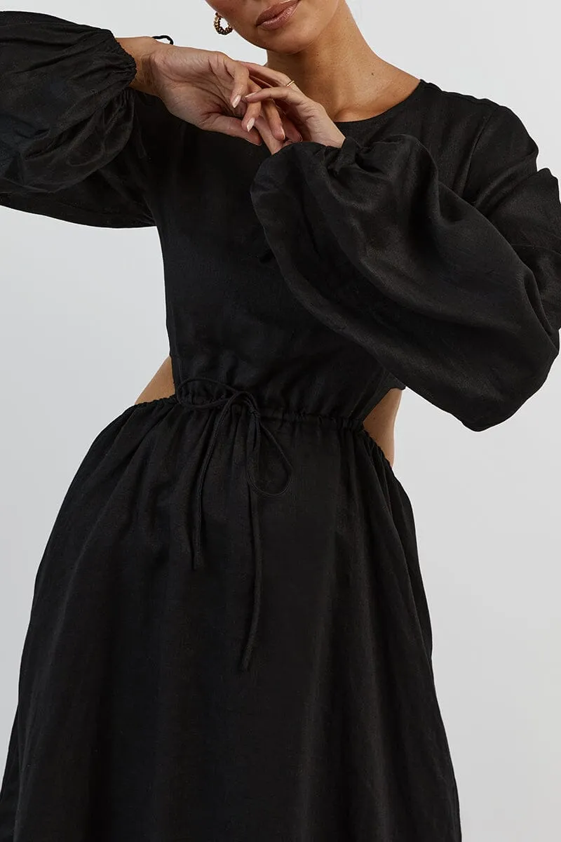 MOLLY BLACK LINEN MIDI DRESS