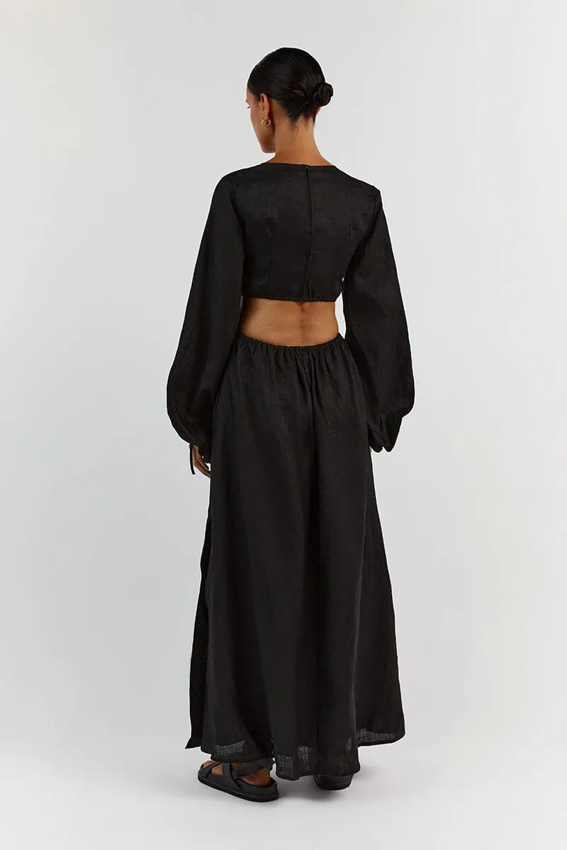 MOLLY BLACK LINEN MIDI DRESS