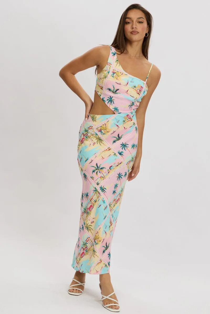 Multi Abstract Maxi Dress Cut Out Detail