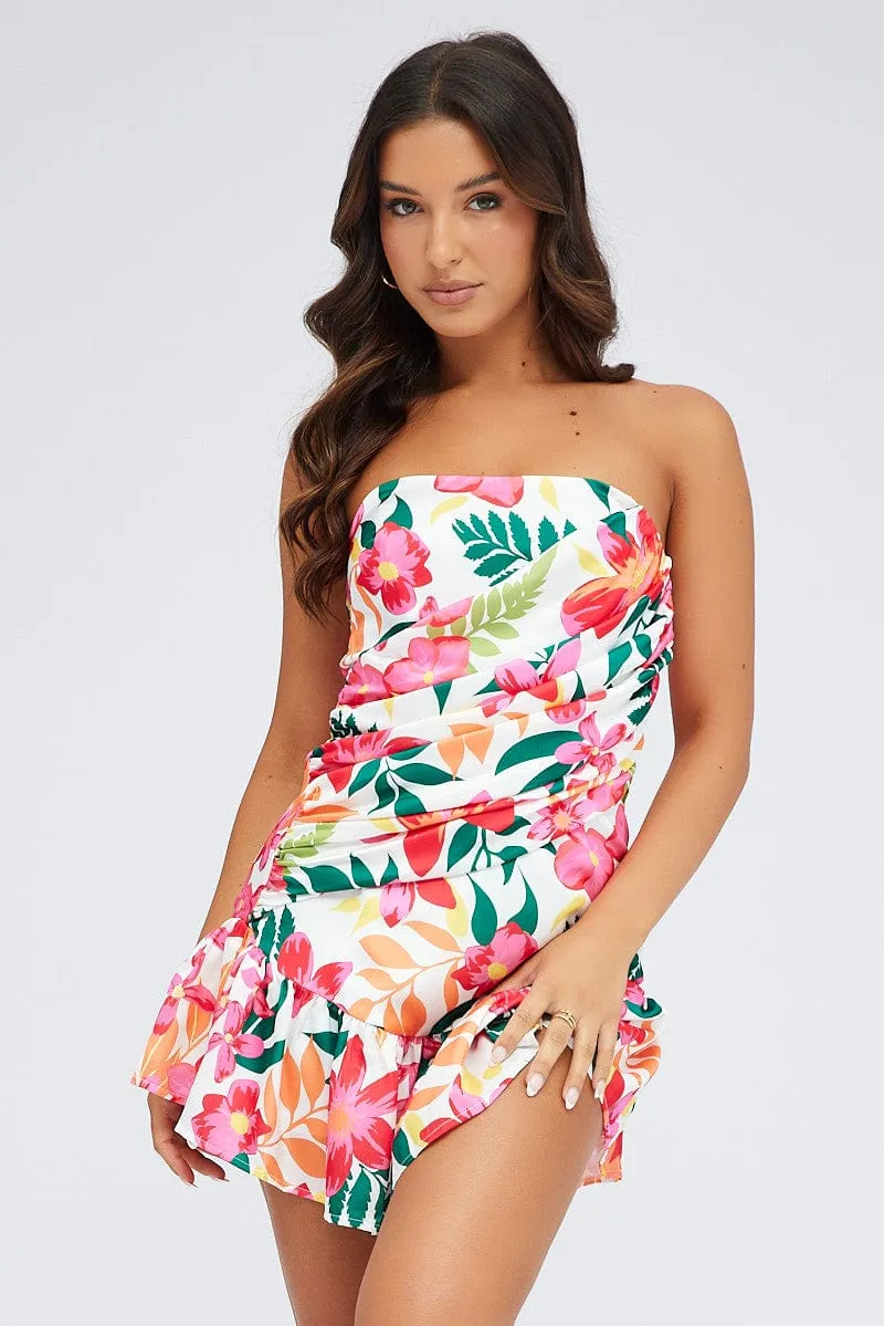 Multi Floral Ruched Dress Strapless Bandeau Ruffle Mini