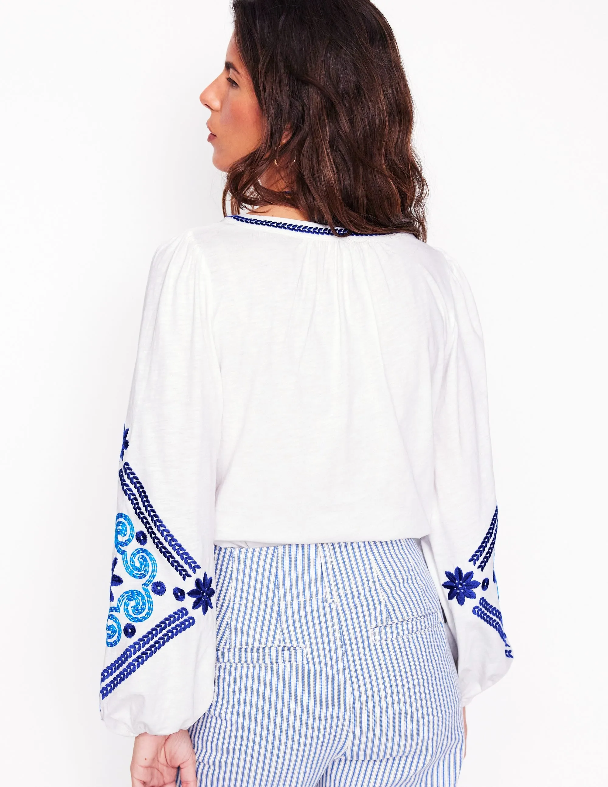 Nia Embroidered Top-White. Blue