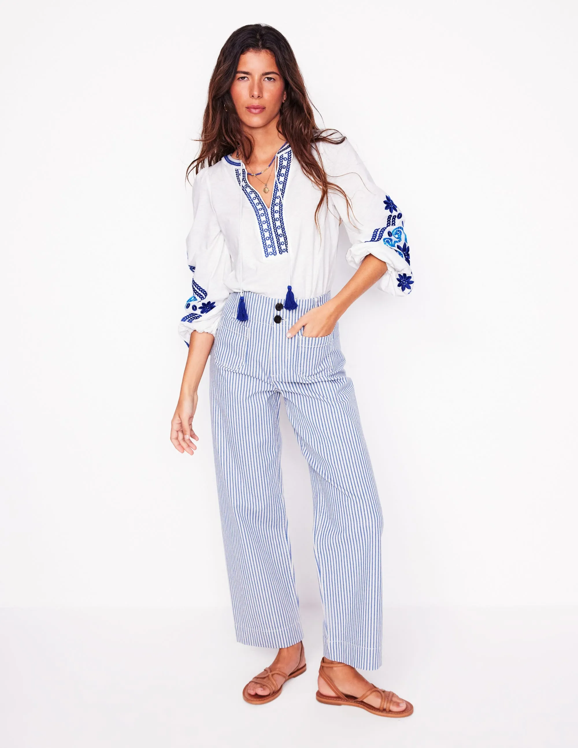 Nia Embroidered Top-White. Blue