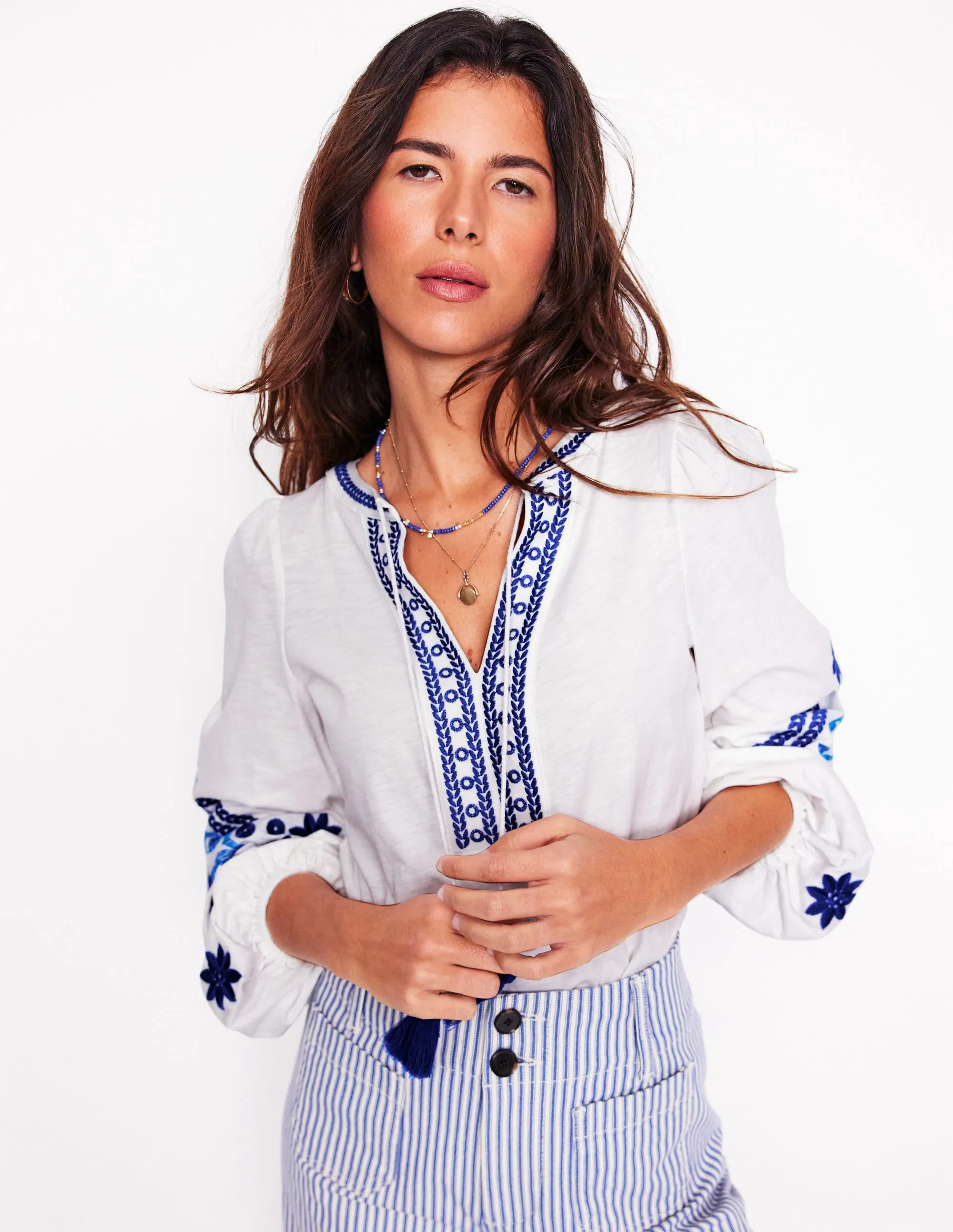 Nia Embroidered Top-White. Blue