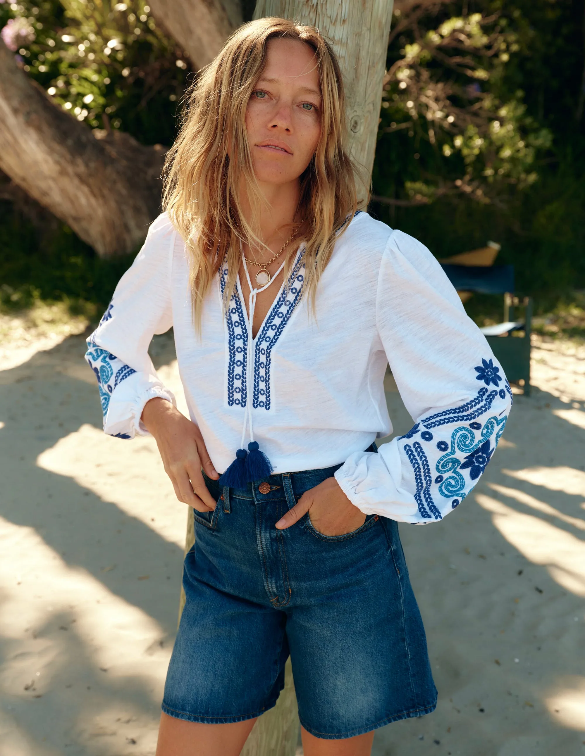 Nia Embroidered Top-White. Blue
