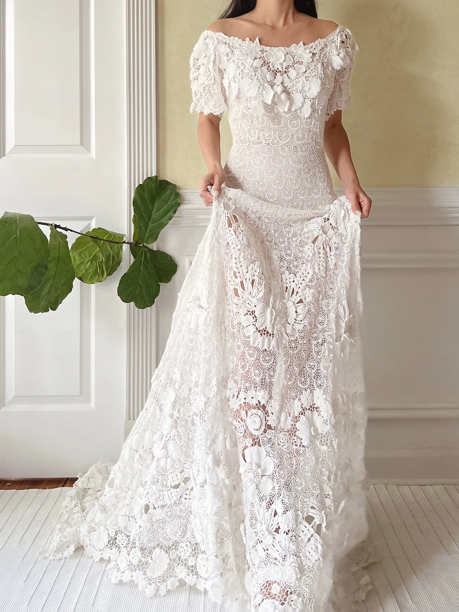 One-of-a-Kind Antique Irish Lace Trained Gown - XS