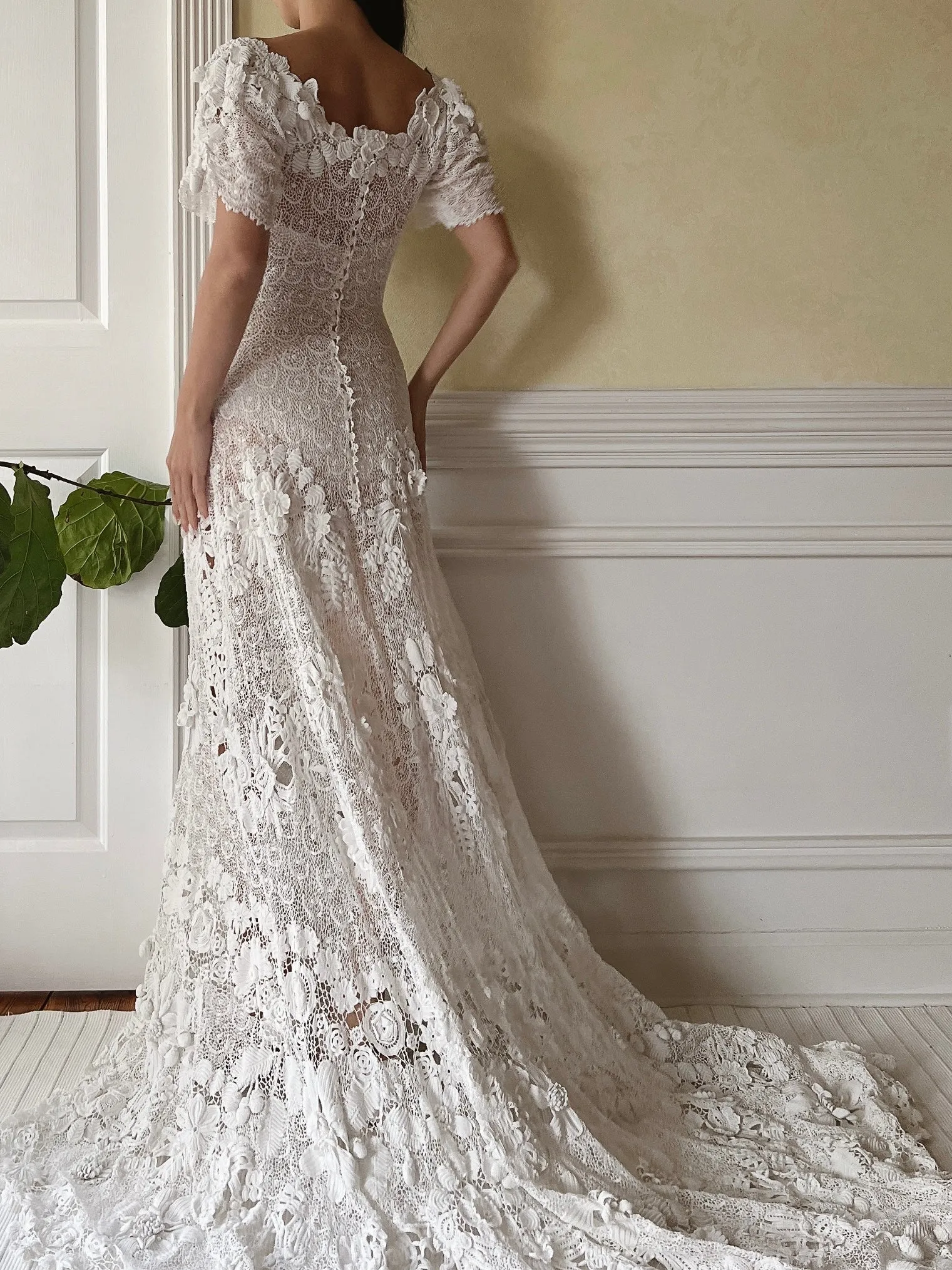 One-of-a-Kind Antique Irish Lace Trained Gown - XS